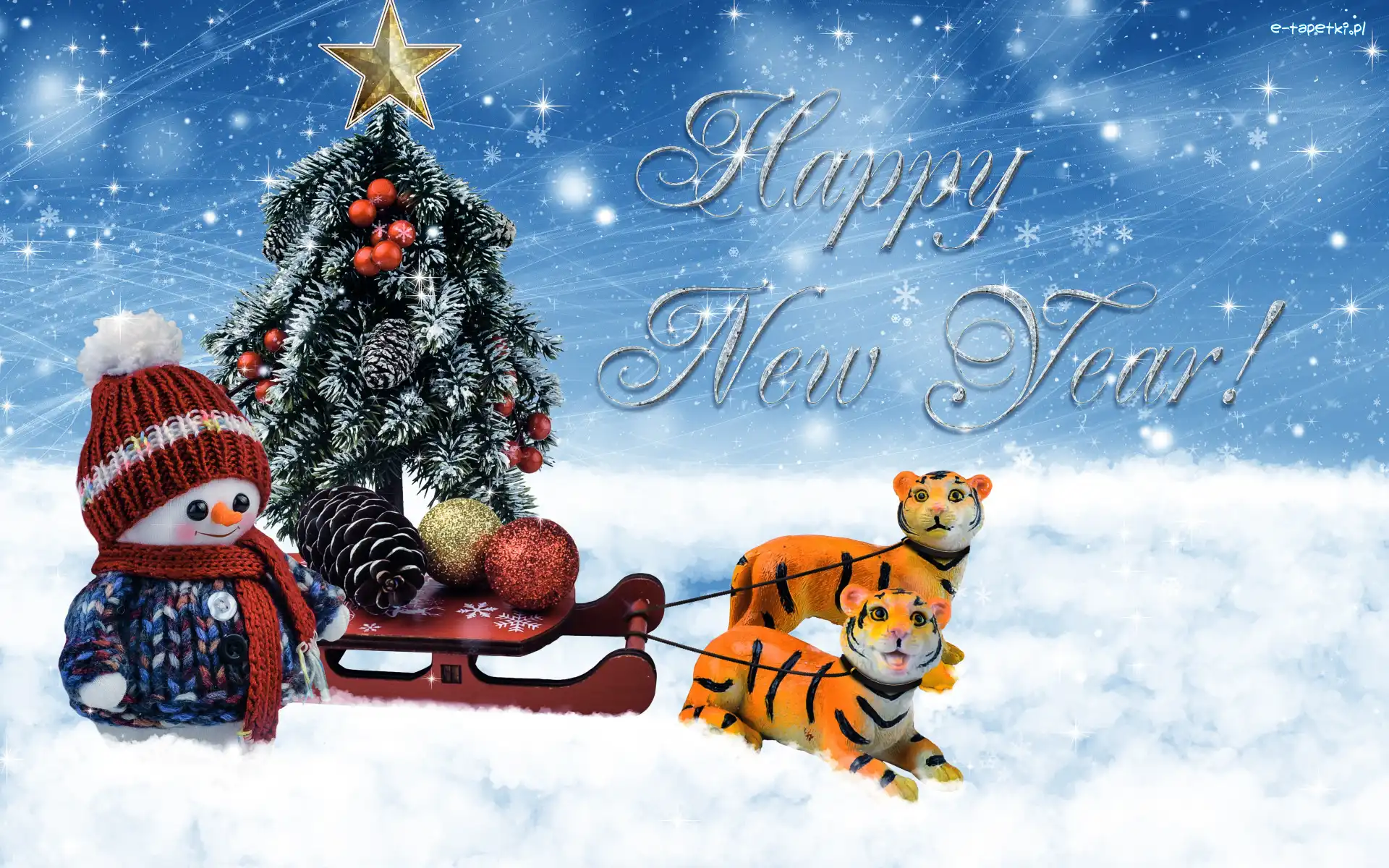 Dwa, Napis, Bałwanek, Szyszka, Sanie, Choinka, Bombki, Nowy Rok, Happy New Year, Tygrysy