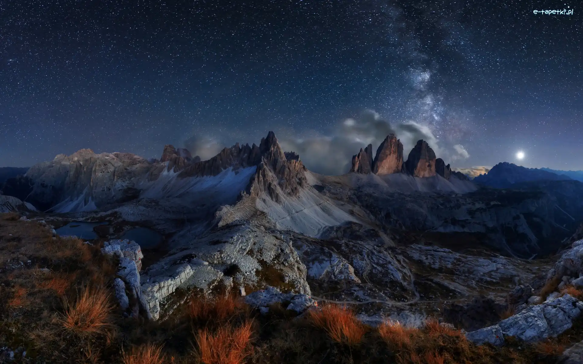 Noc, Dolomity, Włochy, Droga Mleczna, Tre Cime di Lavaredo, Niebo, Gwiazdy, Góry