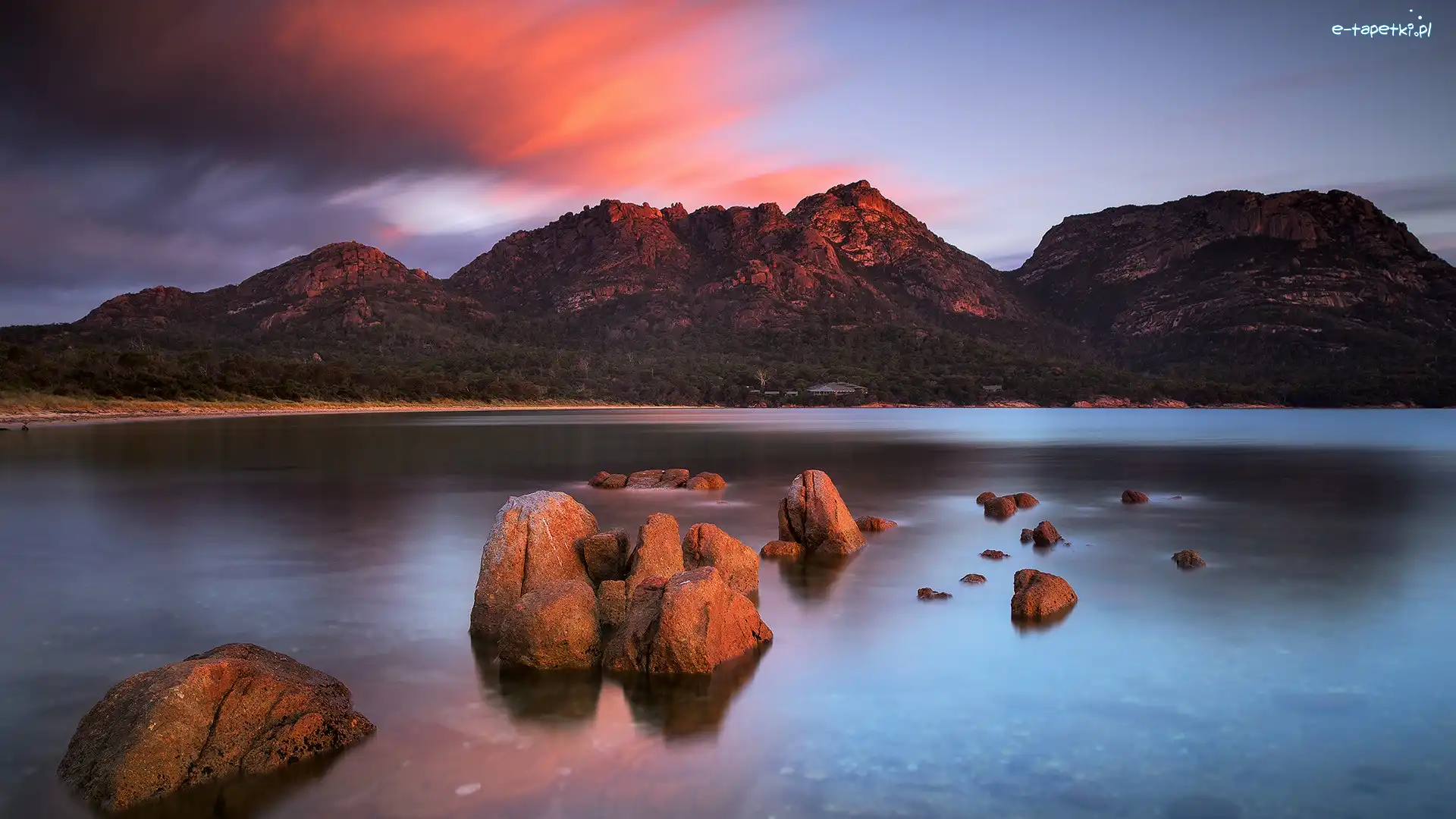 Skały, Zatoka, Australia, Tasmania, Coles Bay, Zachód słońca, Park Narodowy Freycineta, Góry Hazard