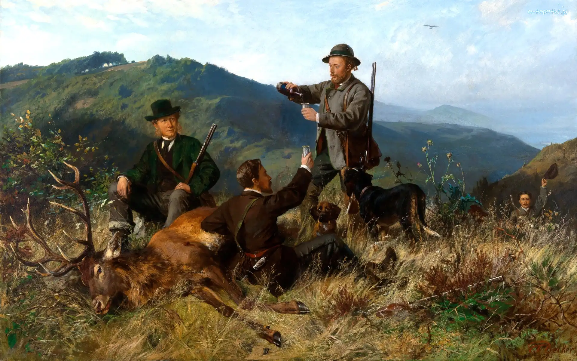 Polowanie, Obraz, Góry, Psy, Carl Friedrich Deiker, Mężczyźni, Jeleń, Malarstwo