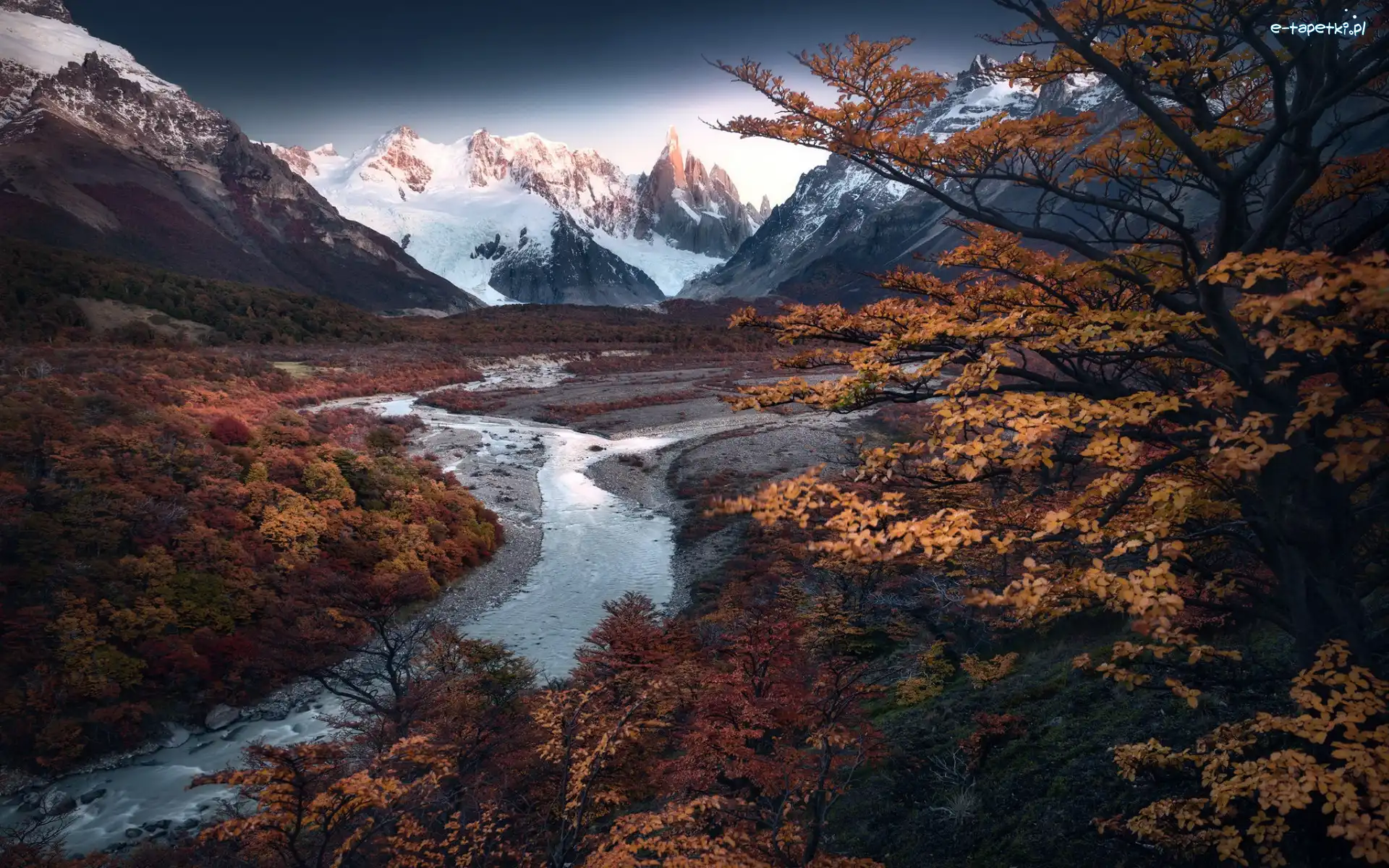 Rzeka, Andy, Argentyna, Jesień, Cerro Torre, Park Narodowy Los Glaciares, Drzewa, Góry, Szczyt, Patagonia