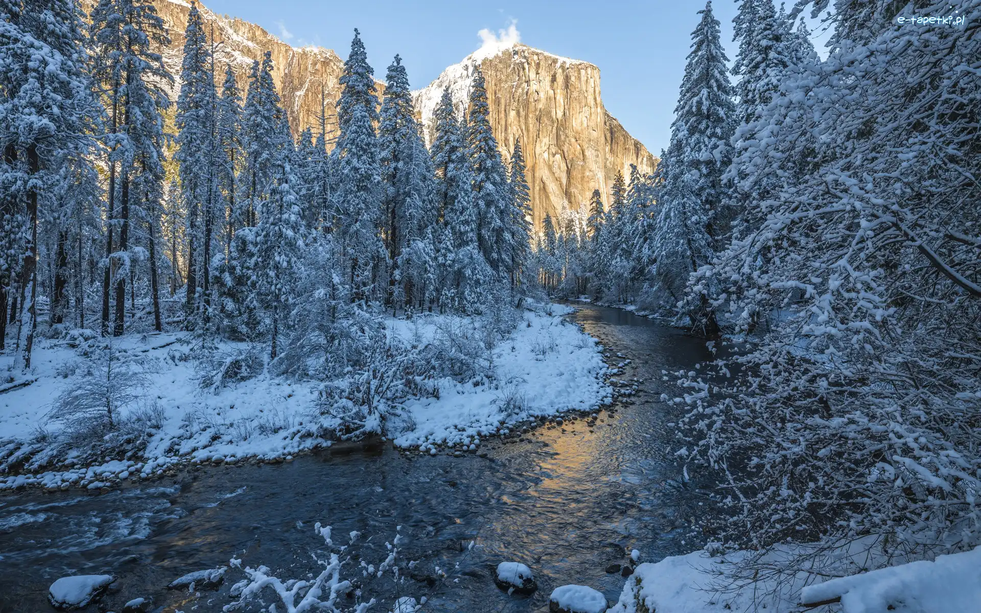 Zima, Rzeka, Stany Zjednoczone, Drzewa, Góry, Góra, Half Dome, Park Narodowy Yosemite, Merced River, Kalifornia