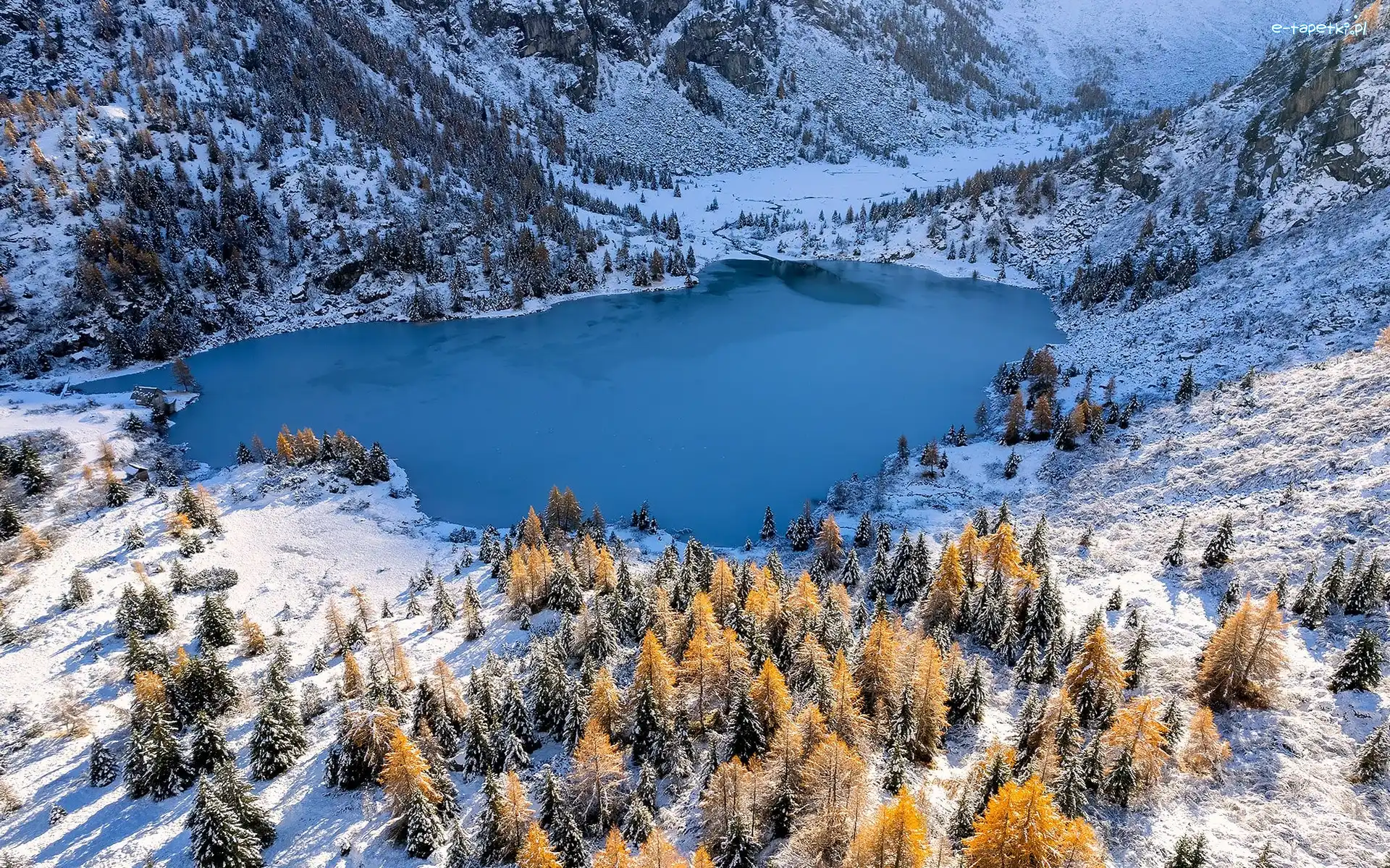 Zima, Góry, Drzewa, Lombardia, Włochy, Aviolo Lake, Jezioro