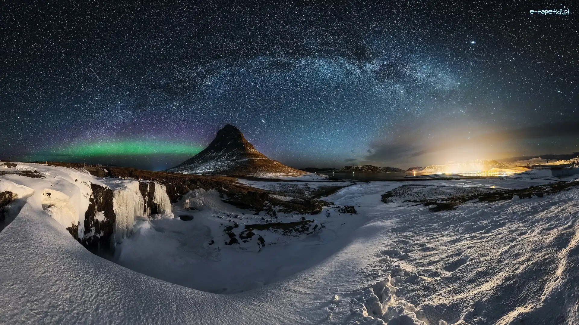 Islandia, Zima, Noc, Niebo, Gwiazdy, Droga Mleczna, Góra Kirkjufell
