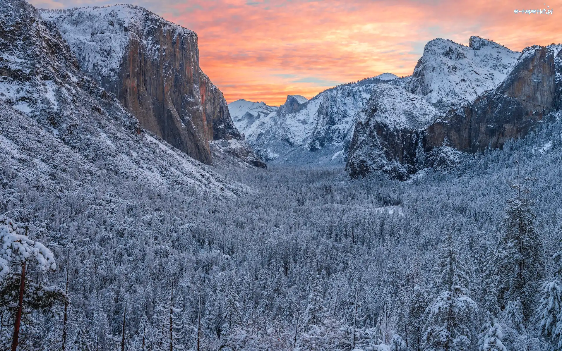 Góra El Capitan, Stany Zjednoczone, Zima, Kalifornia, Park Narodowy Yosemite, Skały, Drzewa
