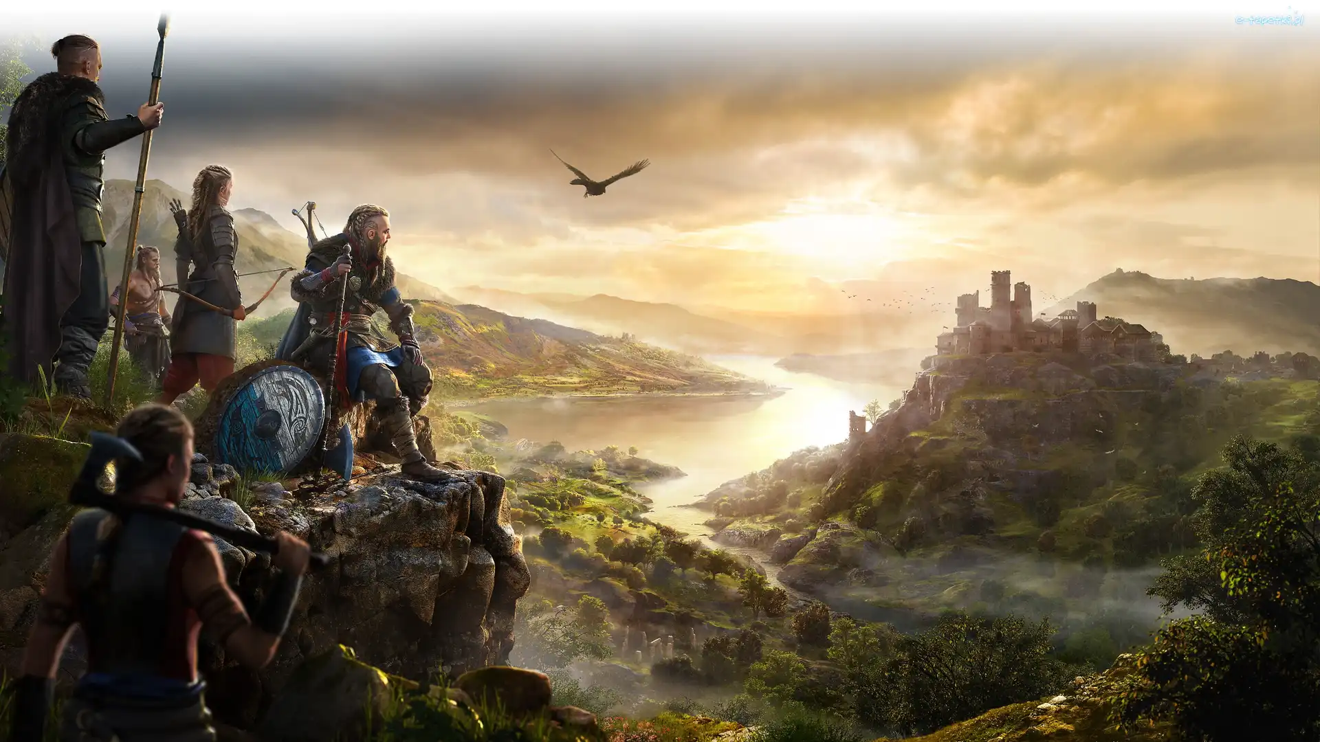 Mężczyzna, Assassins Creed Valhalla, Zamek, Góry, Eivor, Postacie, Rzeka, Gra