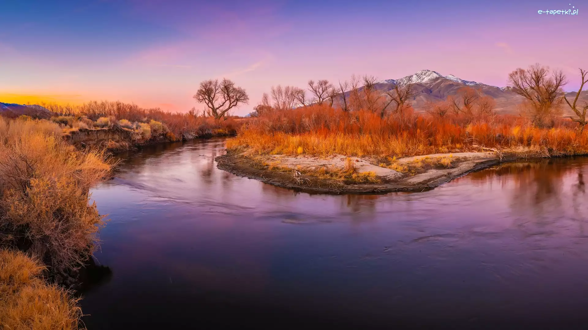 Owens River, Góry, Kalifornia, Rzeka, Drzewa, Rośliny, Dolina Owens Valley, Stany Zjednoczone, Jesień, Eastern Sierra