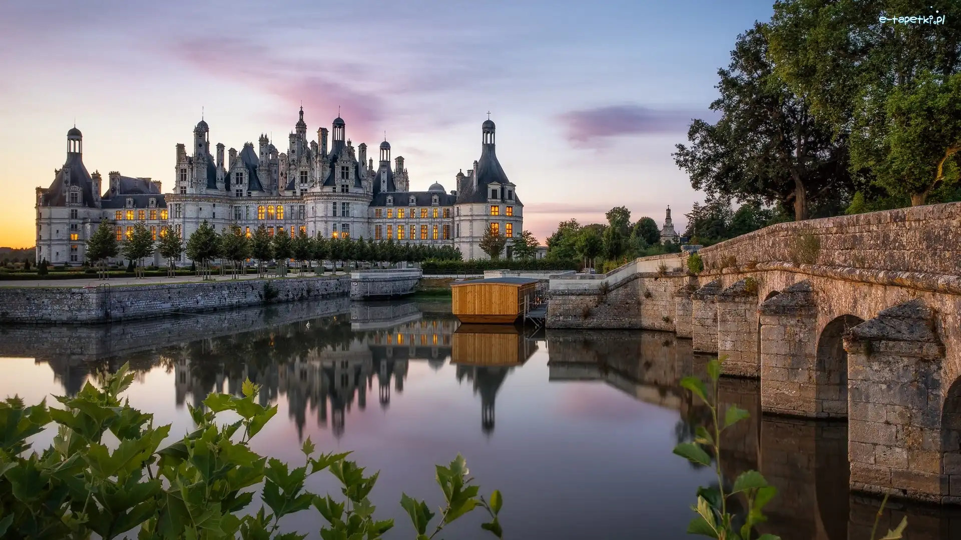 Drzewa, Rzeka Cosson, Zamek, Chambord, Francja, Most, Chateau de Chambord