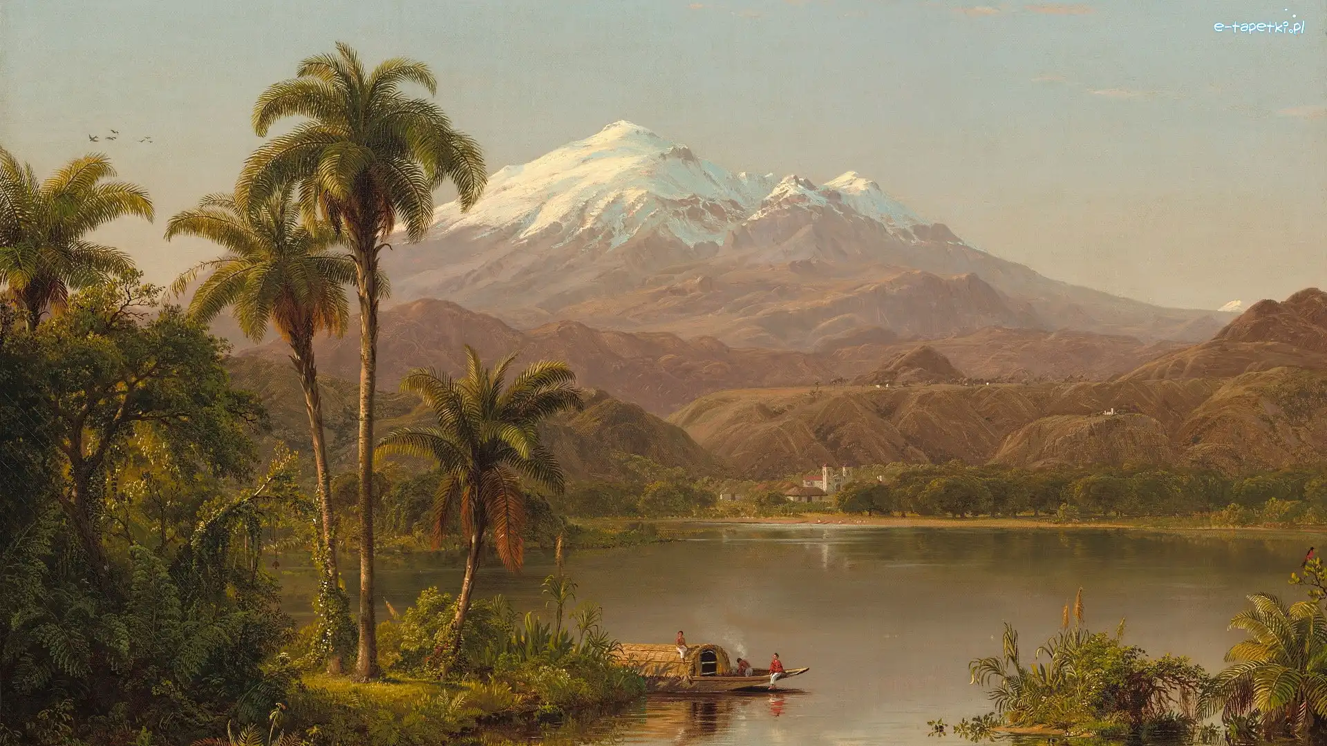 Jezioro, Frederic Edwin Church, Góry, Obraz, Malarstwo, Palmy, Domy
