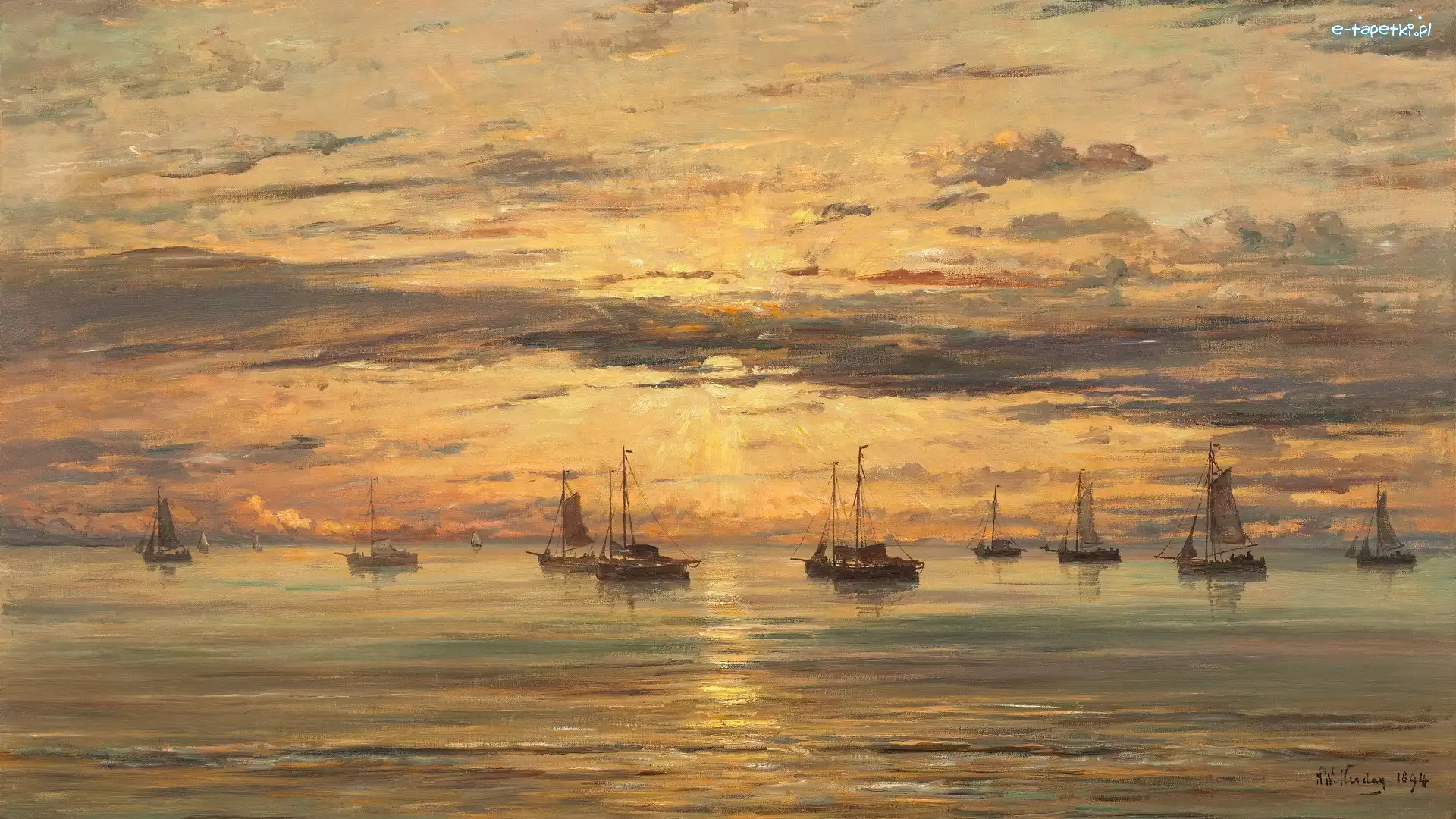 Morze, Hendrik Willem Mesdag, Żąglówki, Zachód słońca, Obraz, Malarstwo