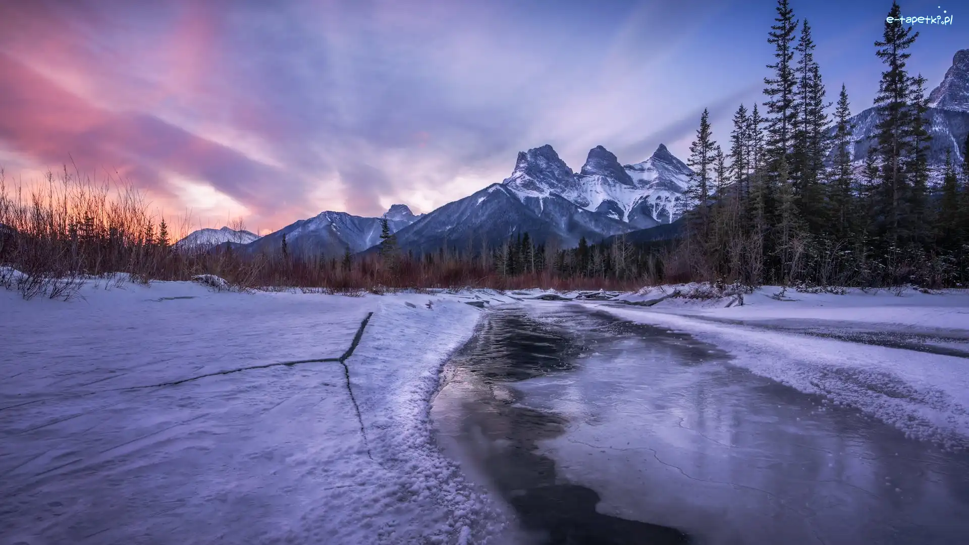 Góra Three Sisters, Canadian Rockies, Canmore, Alberta, Kanada, Drzewa, Bow River, Góry, Rzeka