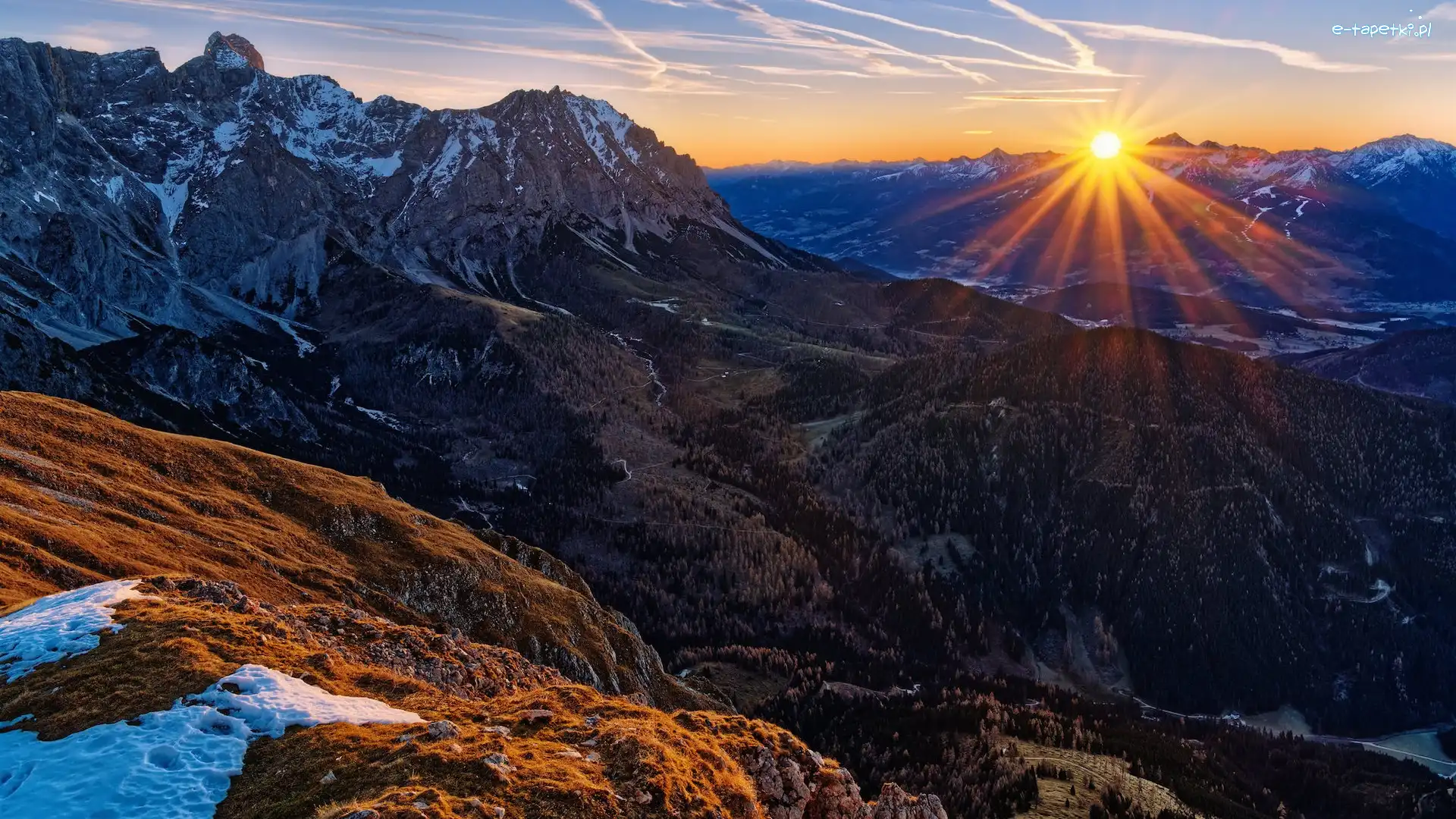 Masyw Dachstein, Góry, Alpy Salzburskie, Austria, Promienie słońca, Wschód słońca