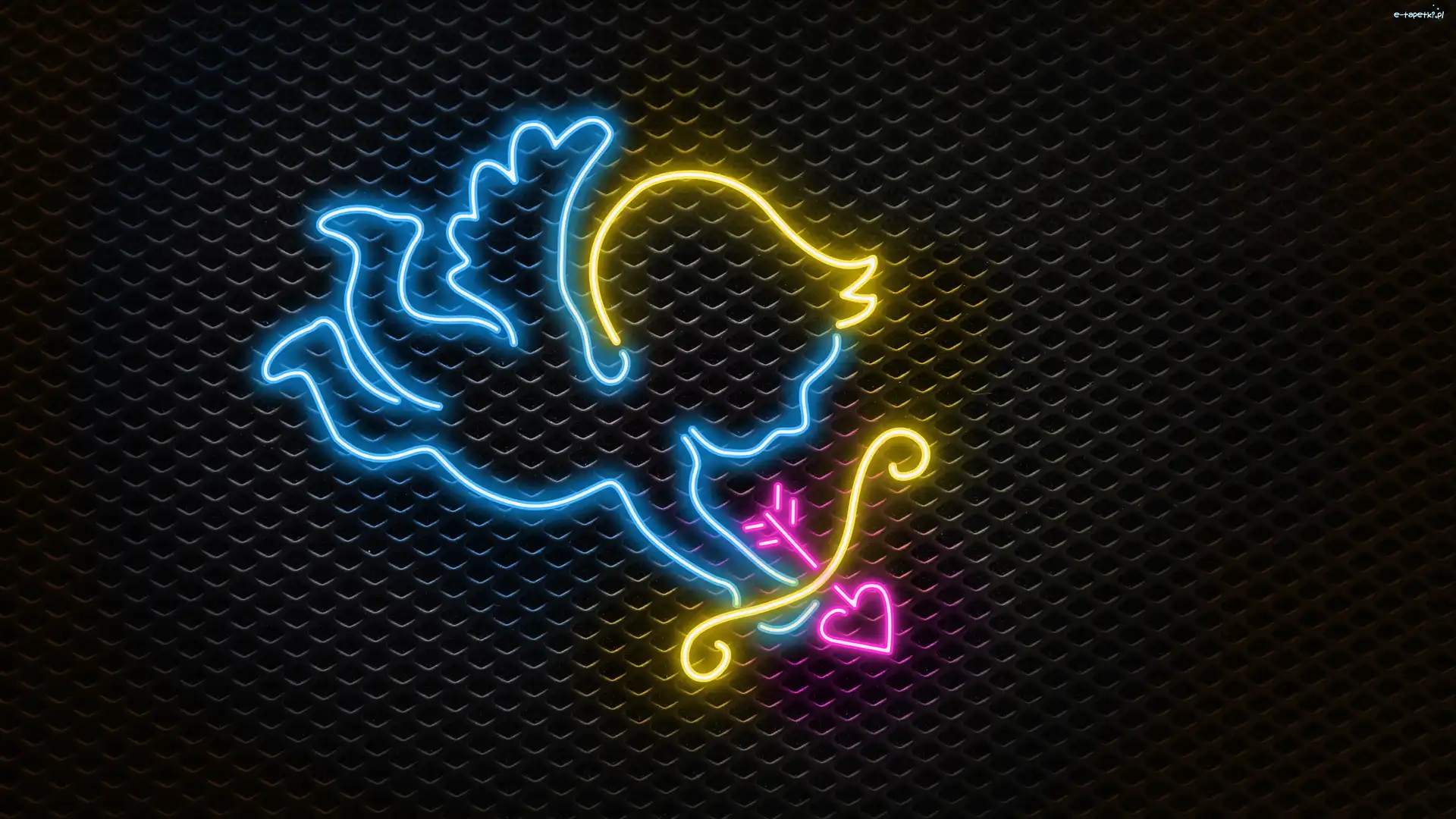 Grafika, Amor, Miłość, Ciemne tło, Neon, Aniołek