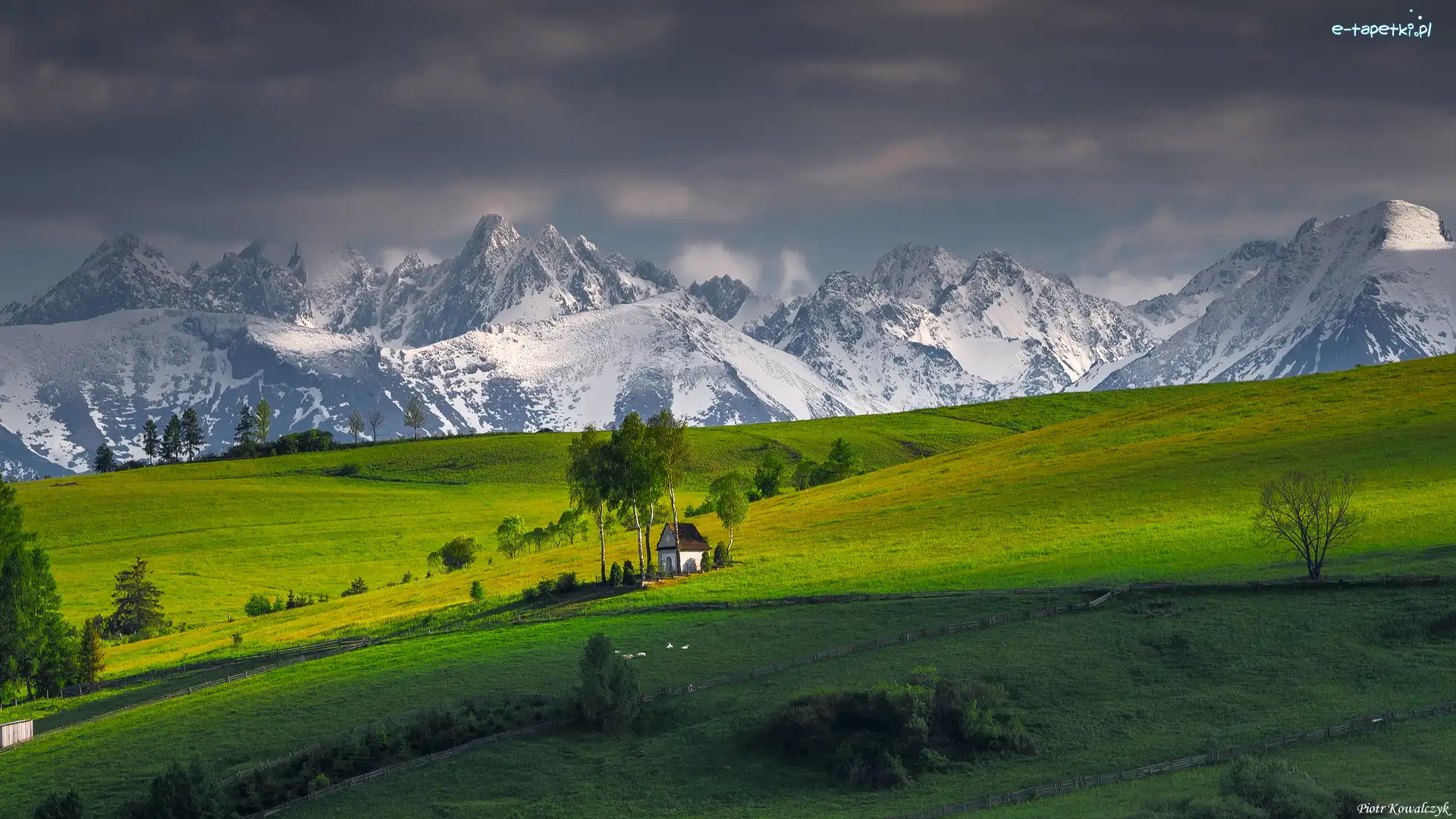 Tatry, Góry, Kacwin, Gmina Łapsze Niżne, Polska, Kaplica Matki Bożej Śnieżnej, Drzewa, Ośnieżone, Pola