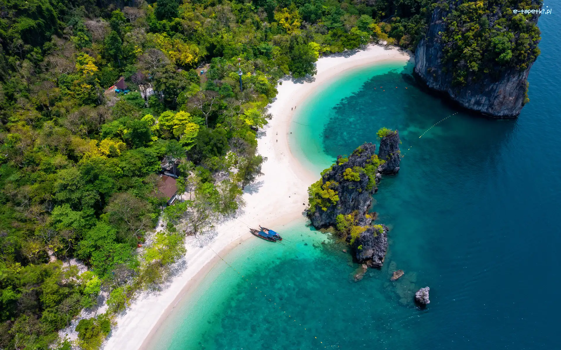 Skały, Wyspa Ko Hong, Tajlandia, Prowincja Krabi, Plaża, Morze, Drzewa, Z lotu ptaka