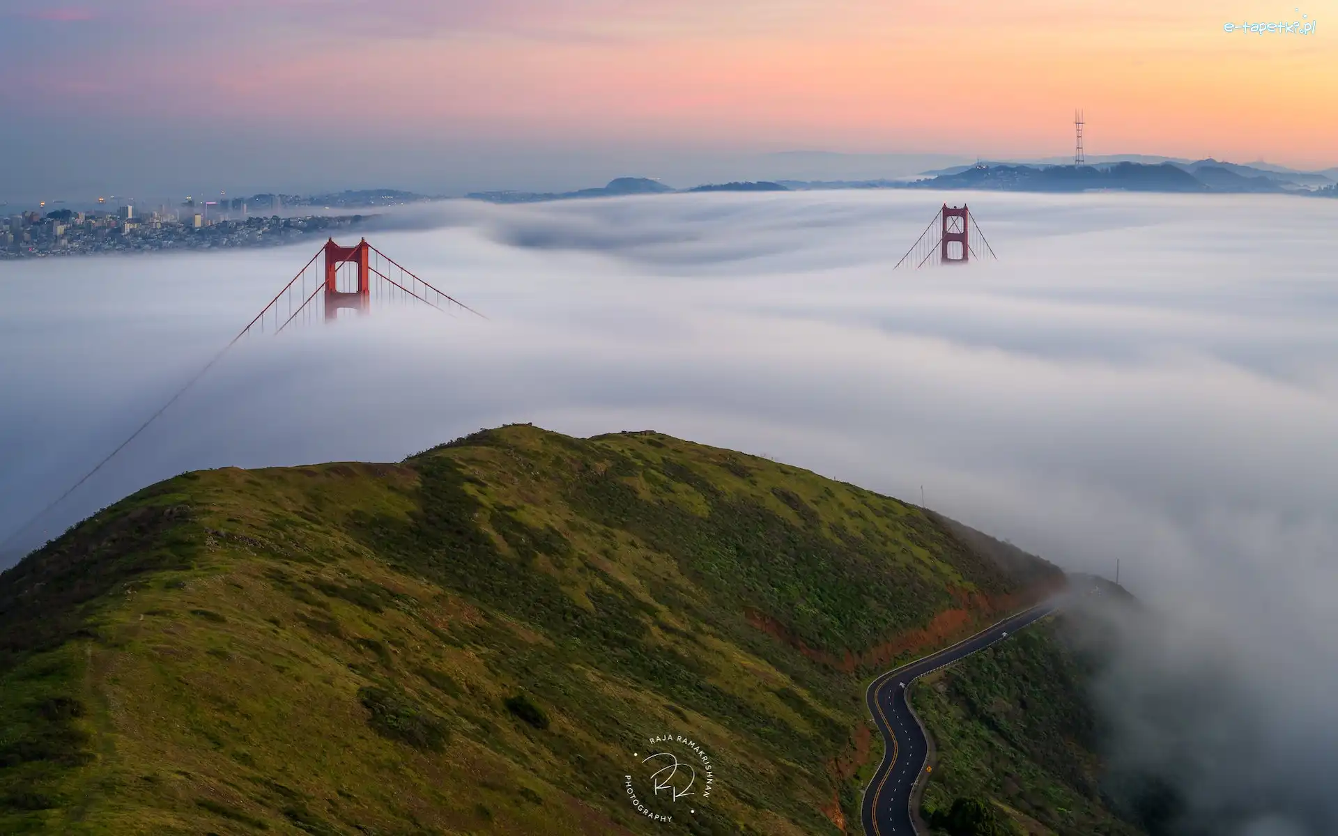 Droga, Most, Golden Gate Bridge, San Francisco, Stany Zjednoczone, Góra, Mgła