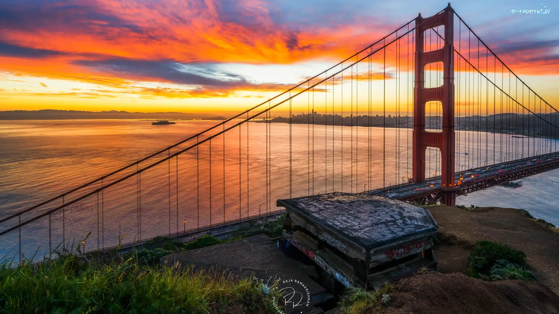 Stan Kalifornia, Cieśnina Golden Gate, Zachód słońca, Stany Zjednoczone, Golden Gate Bridge, Most