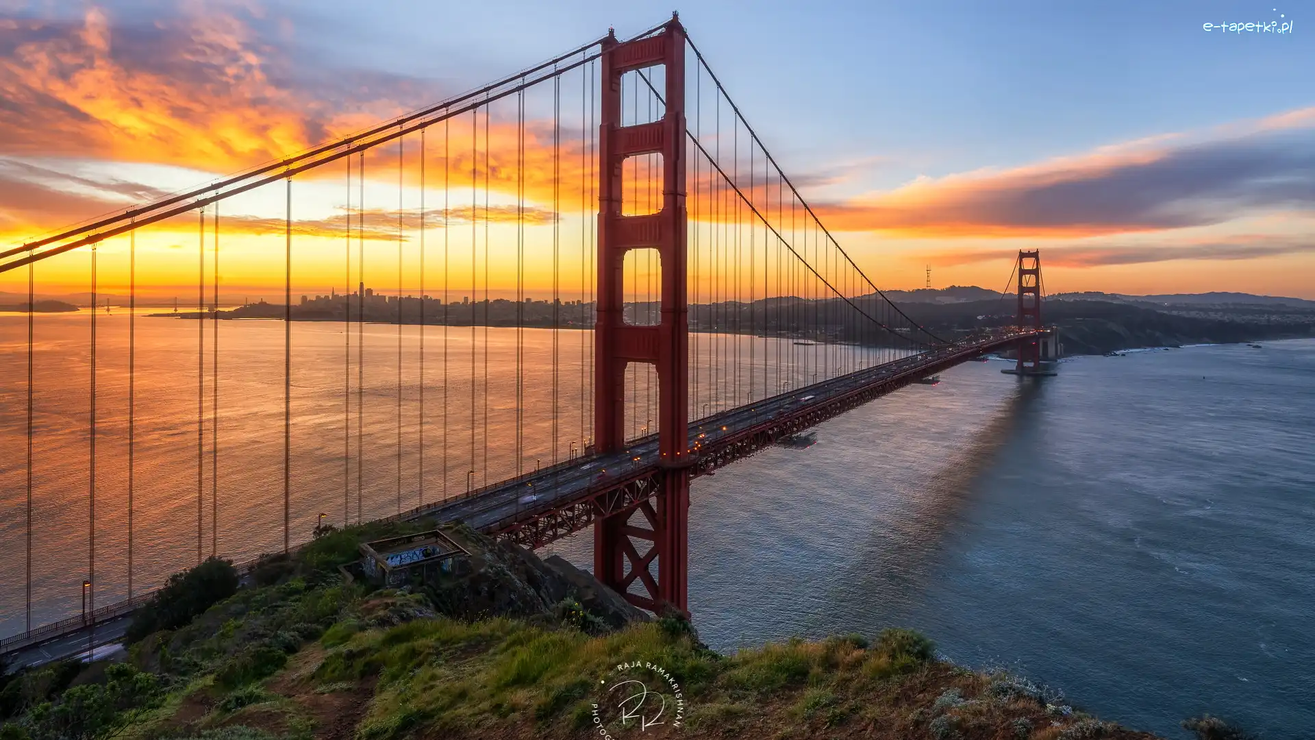 Stany Zjednoczone, Cieśnina Golden Gate, San Francisco, Golden Gate Bridge, Most, Kalifornia, Wschód słońca
