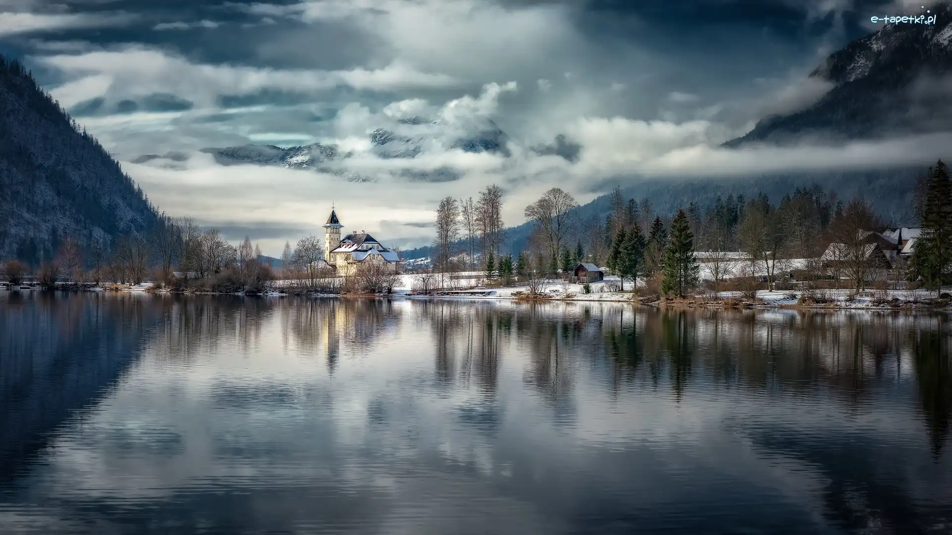 Austria, Zima, Drzewa, Góry, Jezioro Grundlsee, Styria, Zamek Grundlsee