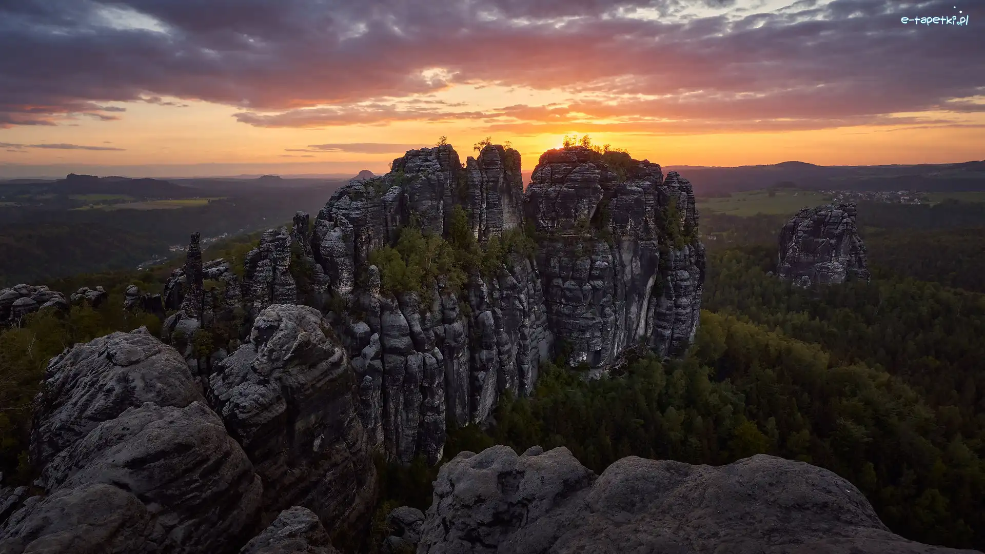 Góry Połabskie, Skały, Schrammsteine, Niemcy, Zachód słońca, Park Narodowy Saskiej Szwajcarii