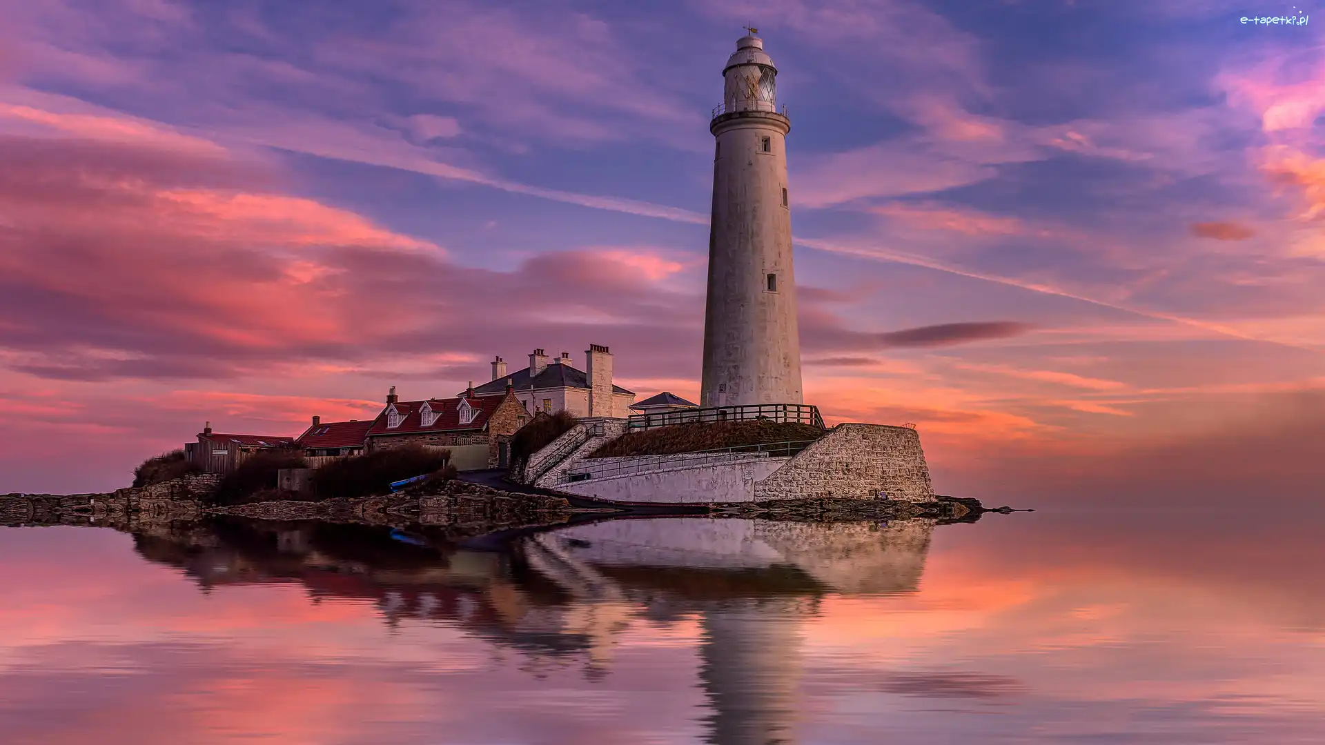 Latarnia morska, Zachód słońca, Anglia, Whitley Bay, Morze, St Marys Lighthouse, Hartley, Wyspa