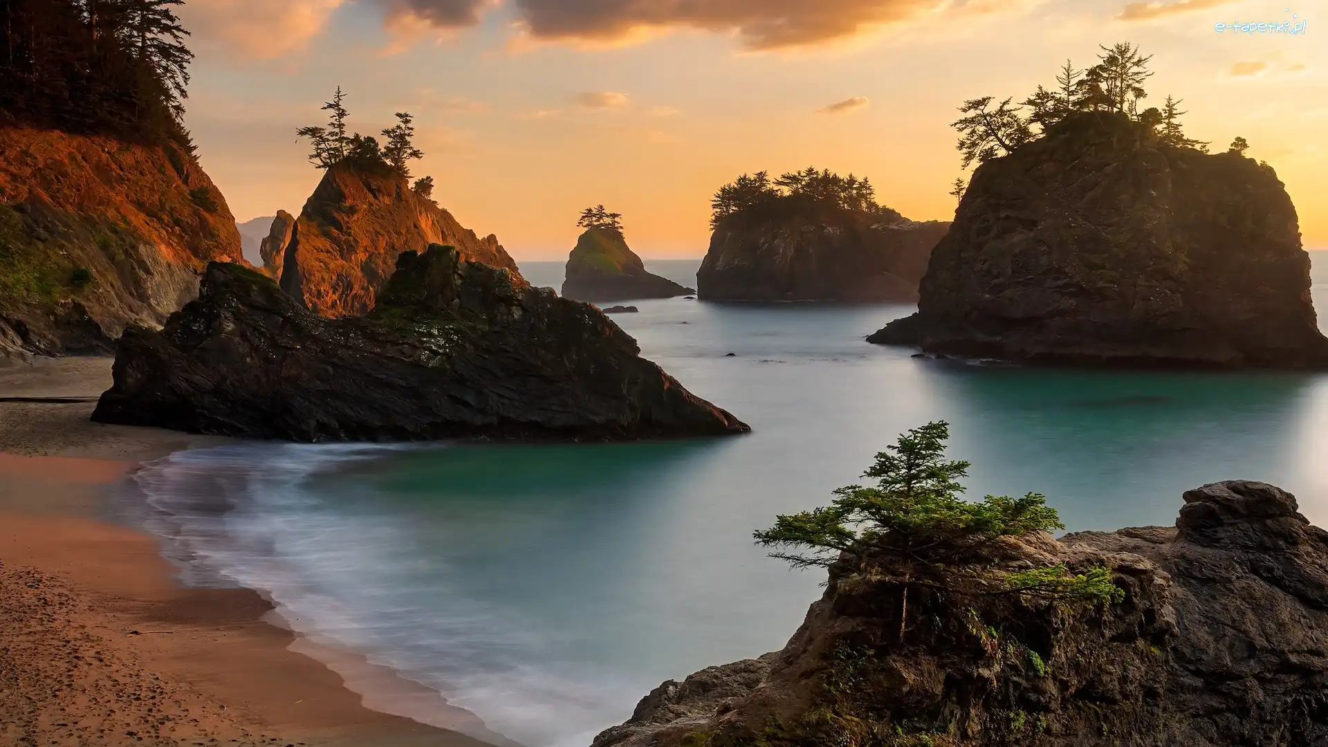 Plaża, Skały, Morze, Oregon, Stany Zjednoczone, Samuel H Boardman State Scenic Corridor, Park stanowy, Wysepki, Drzewa