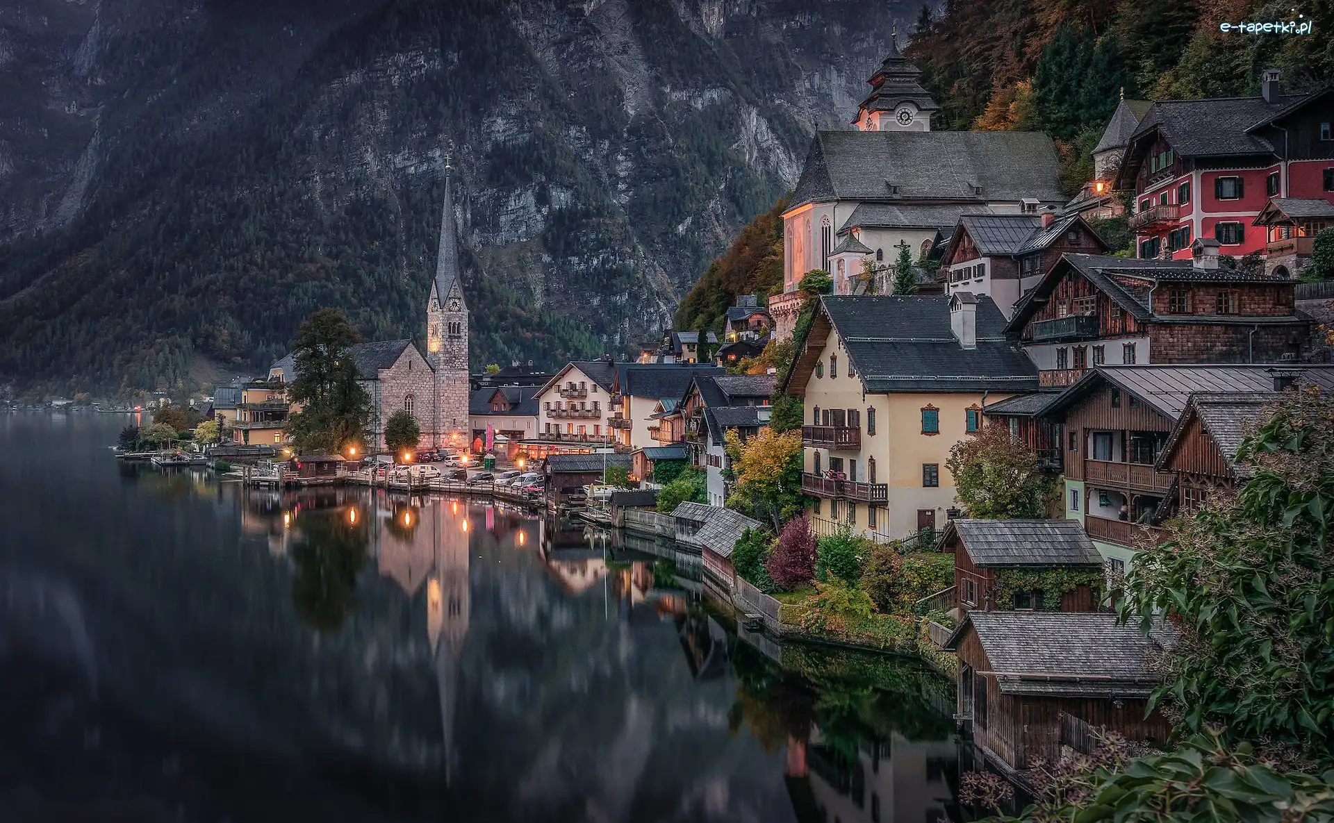 Domy, Góry, Jezioro Hallstattersee, Kościół, Hallstatt, Austria