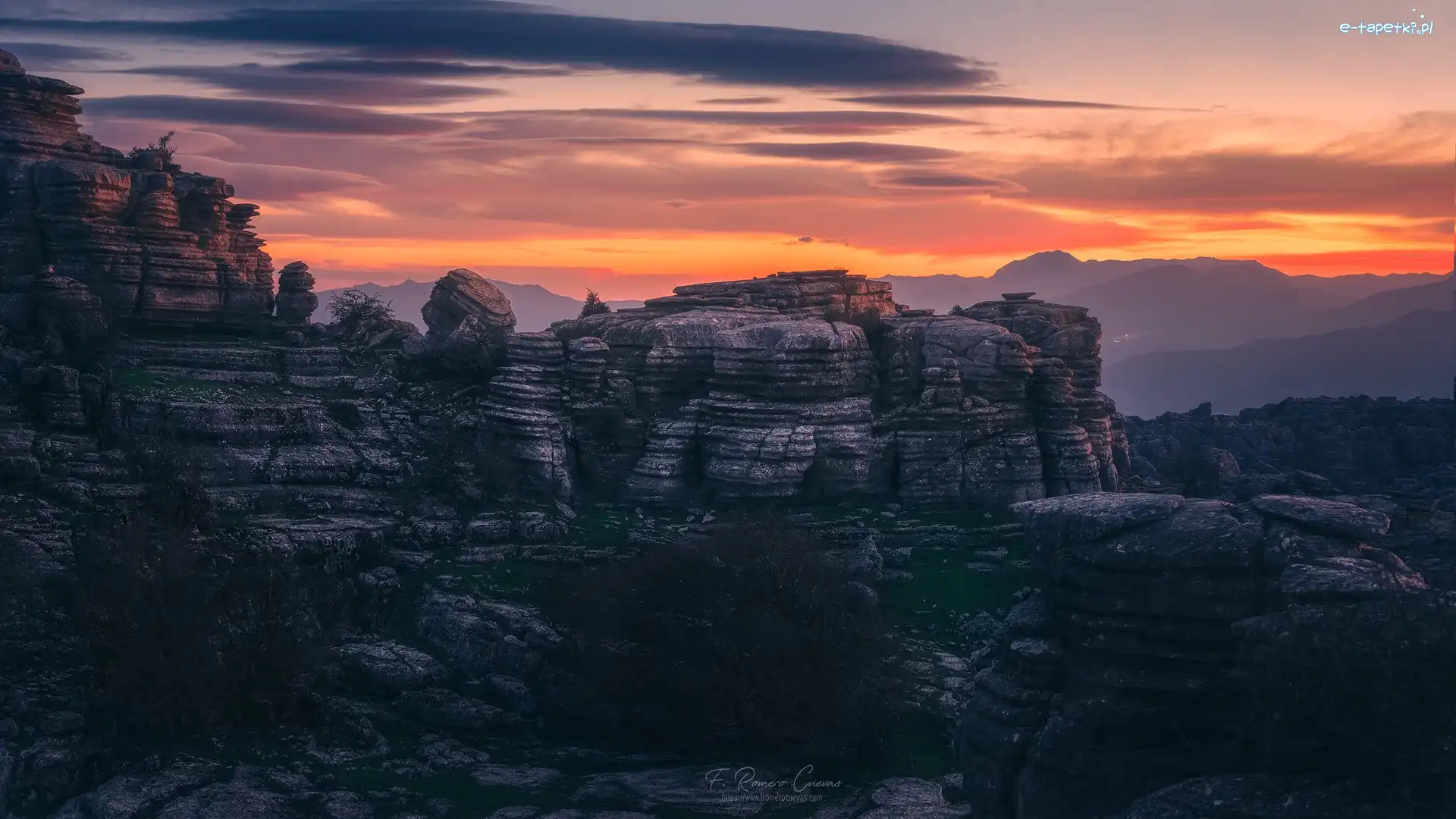 Hiszpania, Góry, Skały, Formacja skalna, Zachód słońca, Prowincja Malaga, Rezerwat Torcal de Antequera