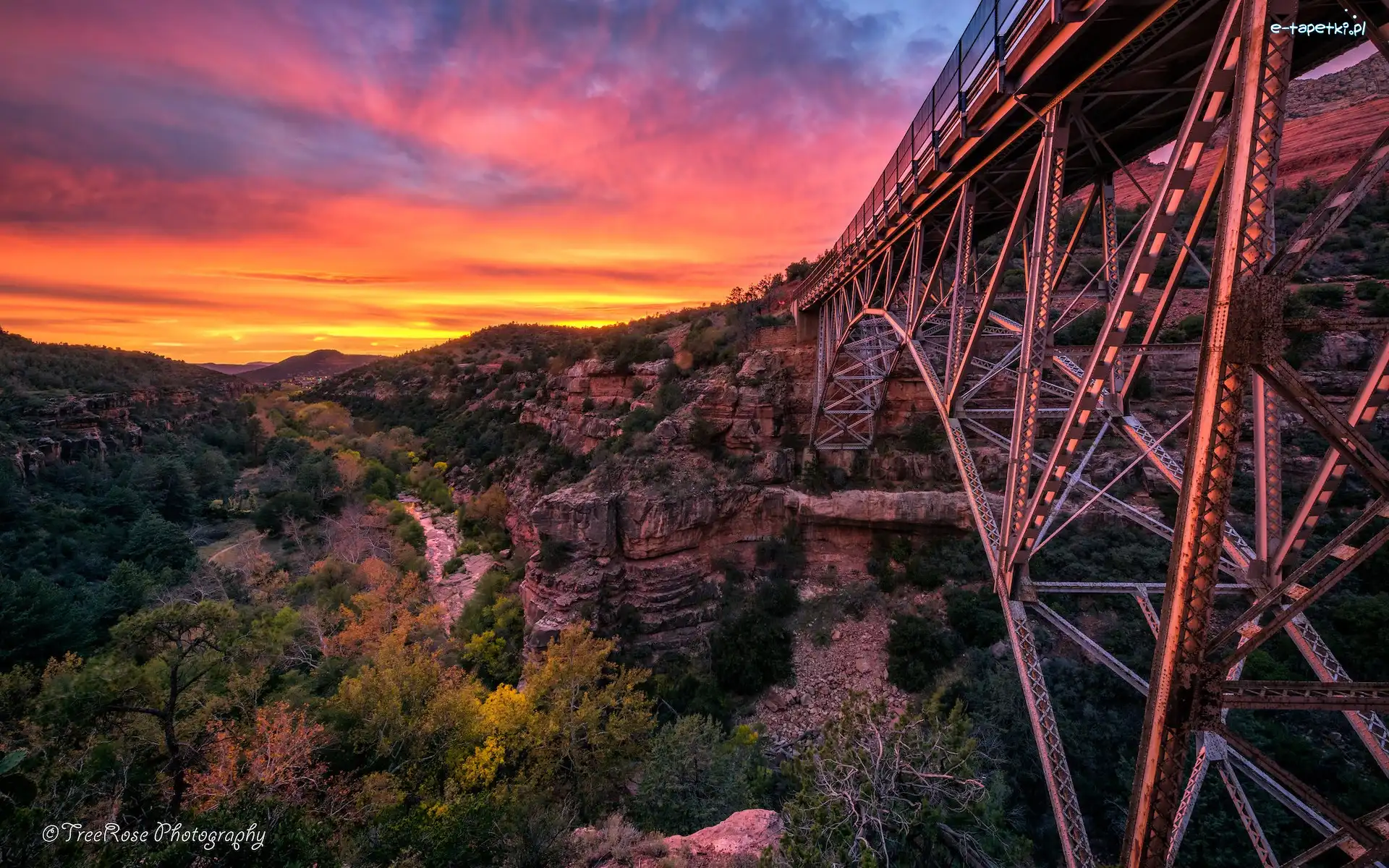 Oak Creek, Arizona, Skały, Midgely Bridge, Kanion, Zachód słońca, Most, Stany Zjednoczone