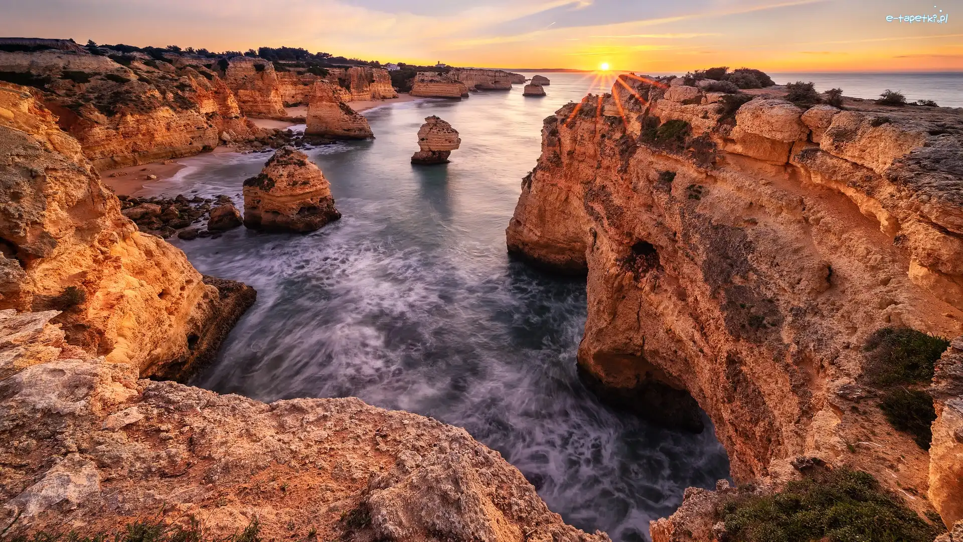 Promienie słońca, Algarve, Skały, Morze, Wybrzeże, Portugalia
