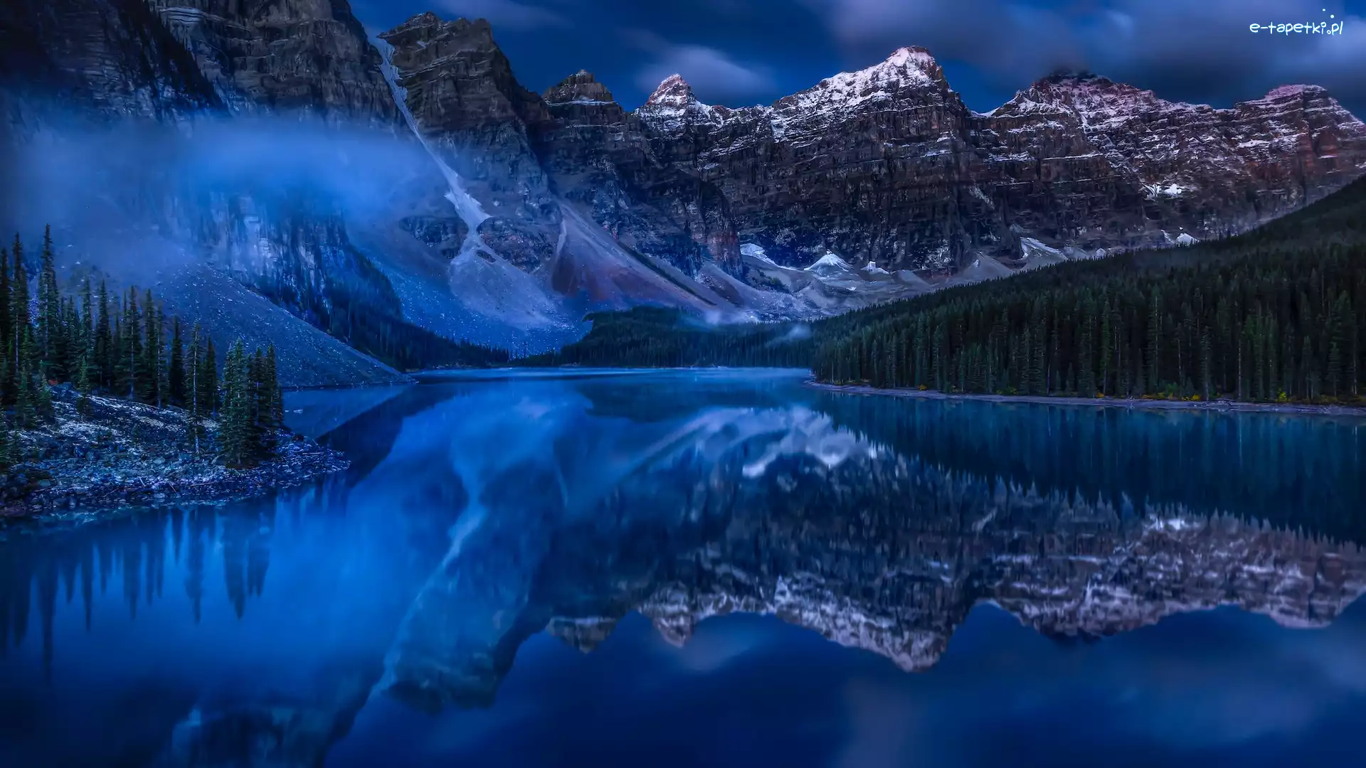 Kanada, Mgła, Odbicie, Jezioro Moraine, Góry, Alberta, Park Narodowy Banff