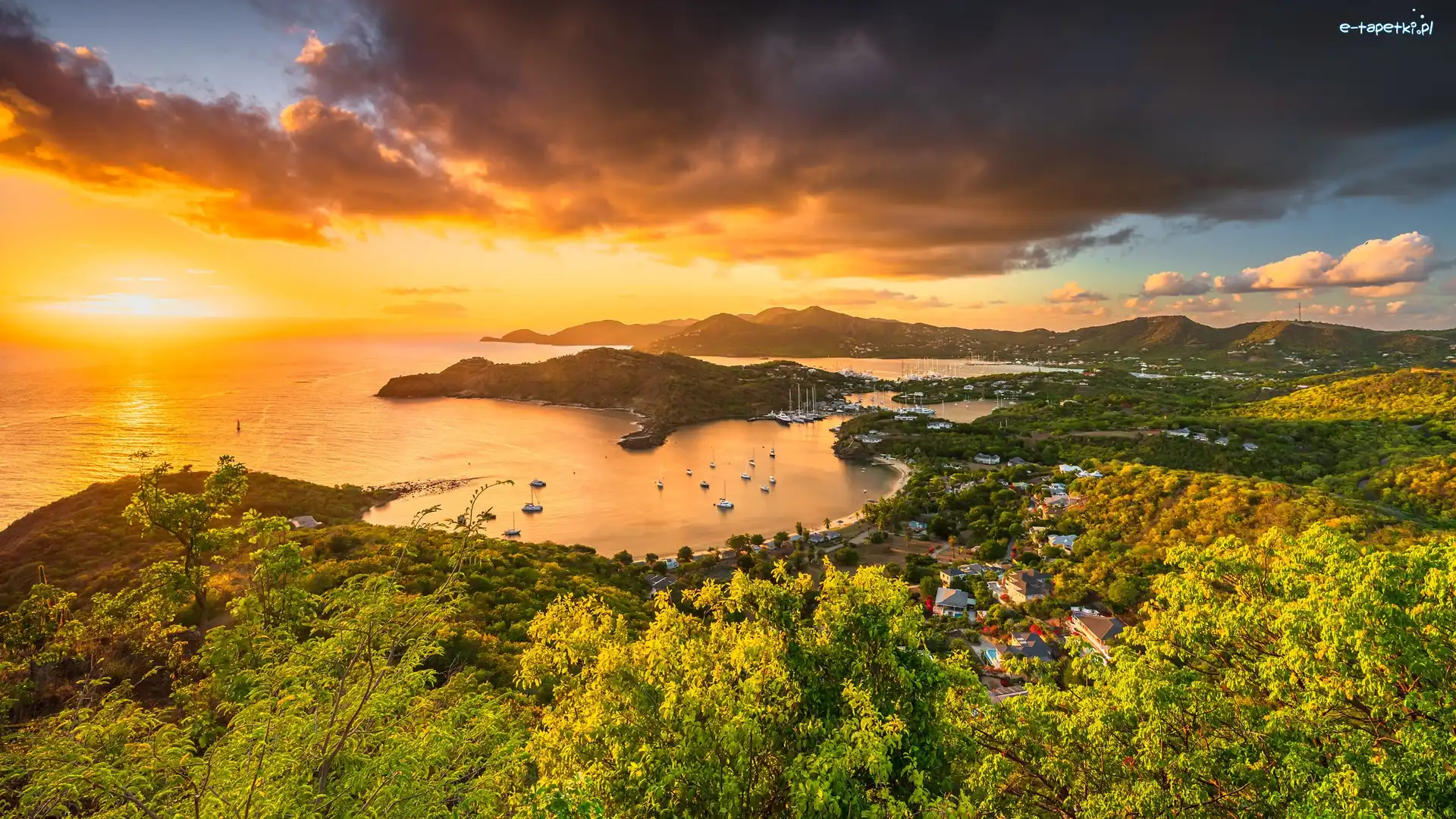Zatoka, Góry, Antigua i Barbuda, Karaiby, Morze, Żaglówki, Antigua, Zachód słońca