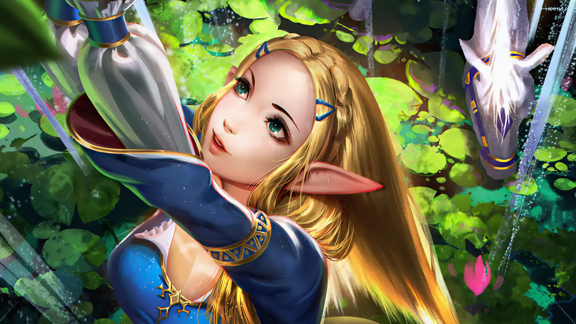 Rośliny, Elfka, Postać, The Legend of Zelda, Gra, Woda, Strumień, Księżniczka, Koń