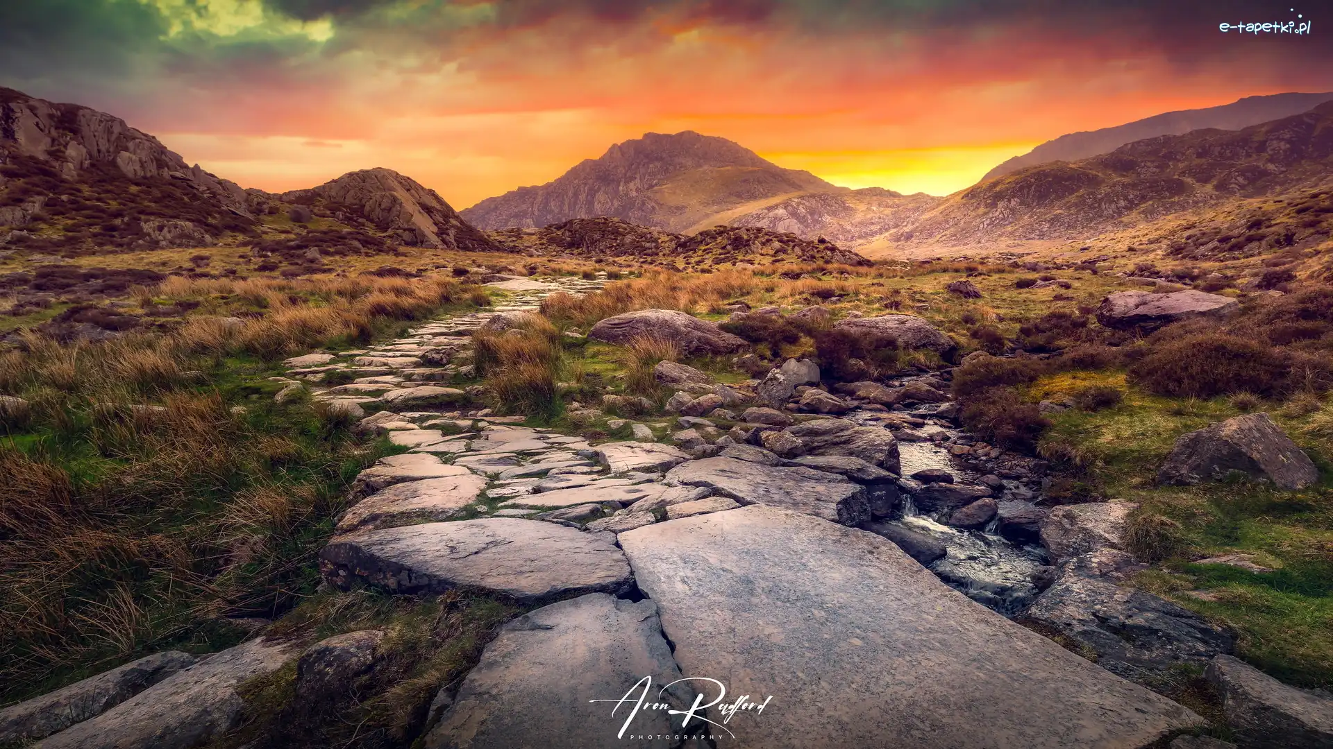 Trawa, Strumyk, Dolina, Ścieżka, Kamienna, Walia, Park Narodowy Snowdonia, Ogwen Valley, Góry