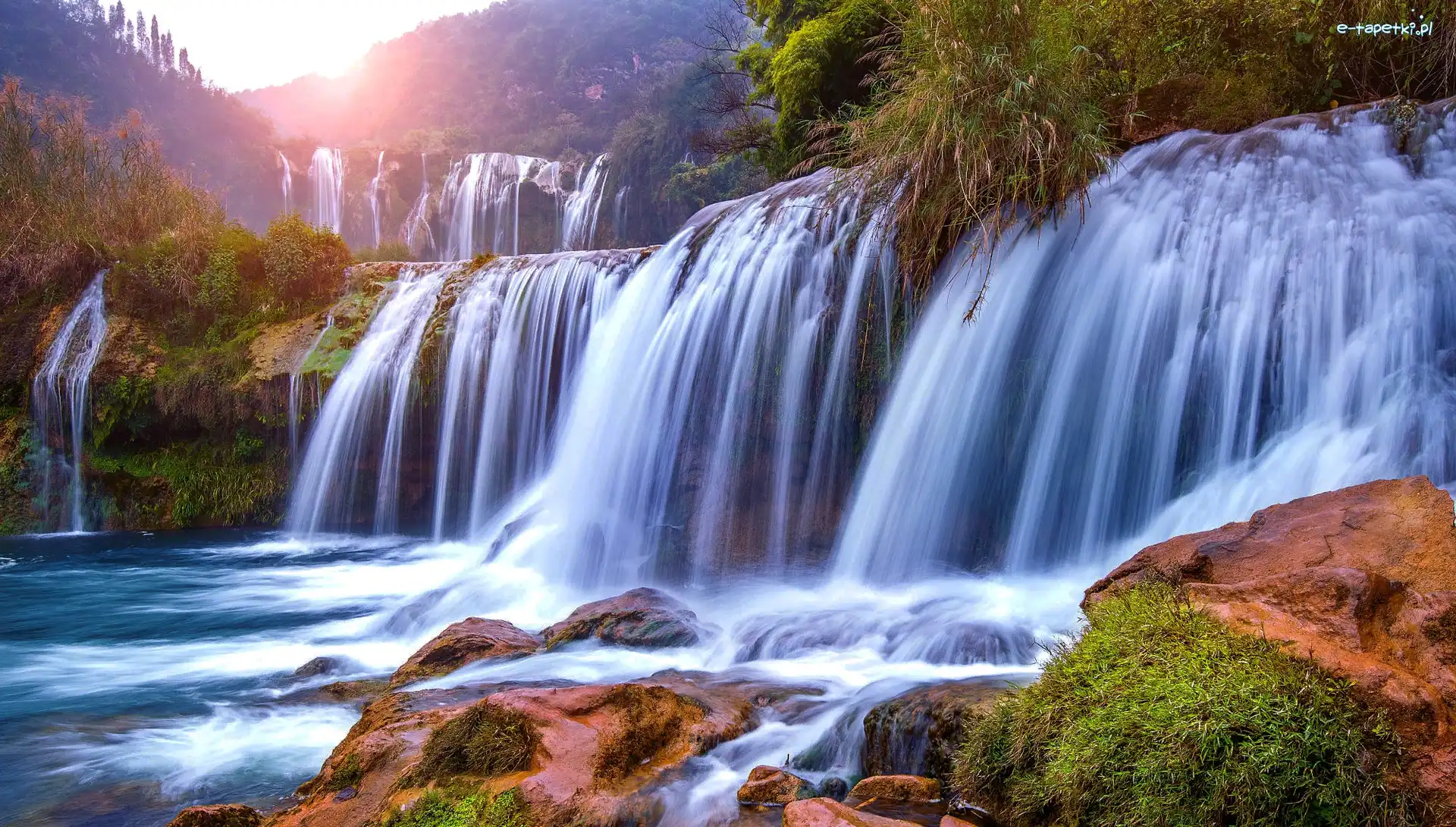 Chiny, Wodospad, Jiulong Waterfalls, Roślinność, Kamienie, Prowincja Junnan, Luoping County