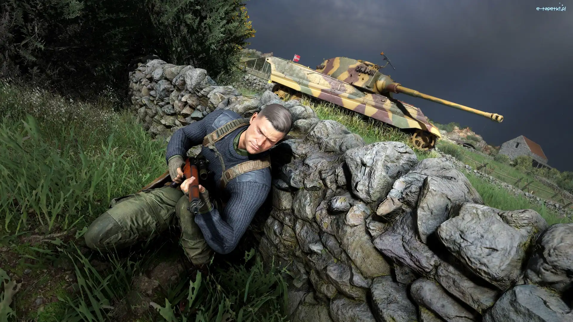 Sniper Elite 5, Kamienny, Mur, Snajper, Mężczyzna, Gra, Czołg