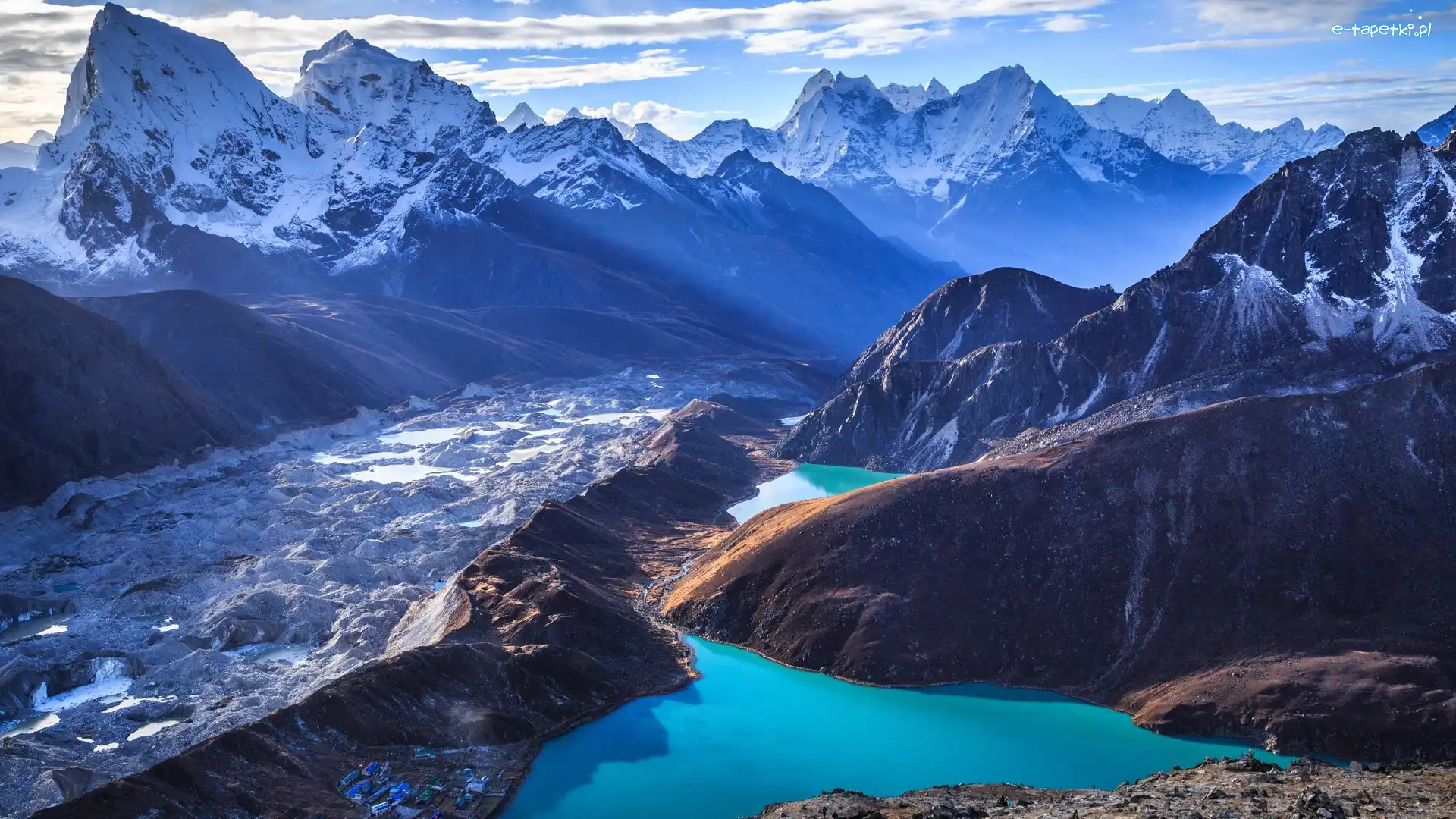 Śnieg, Jezioro Gokyo, Góry, Ośnieżone, Niebo, Nepal, Park Narodowy Sagarmatha, Himalaje, Lodowiec Ngozumpa
