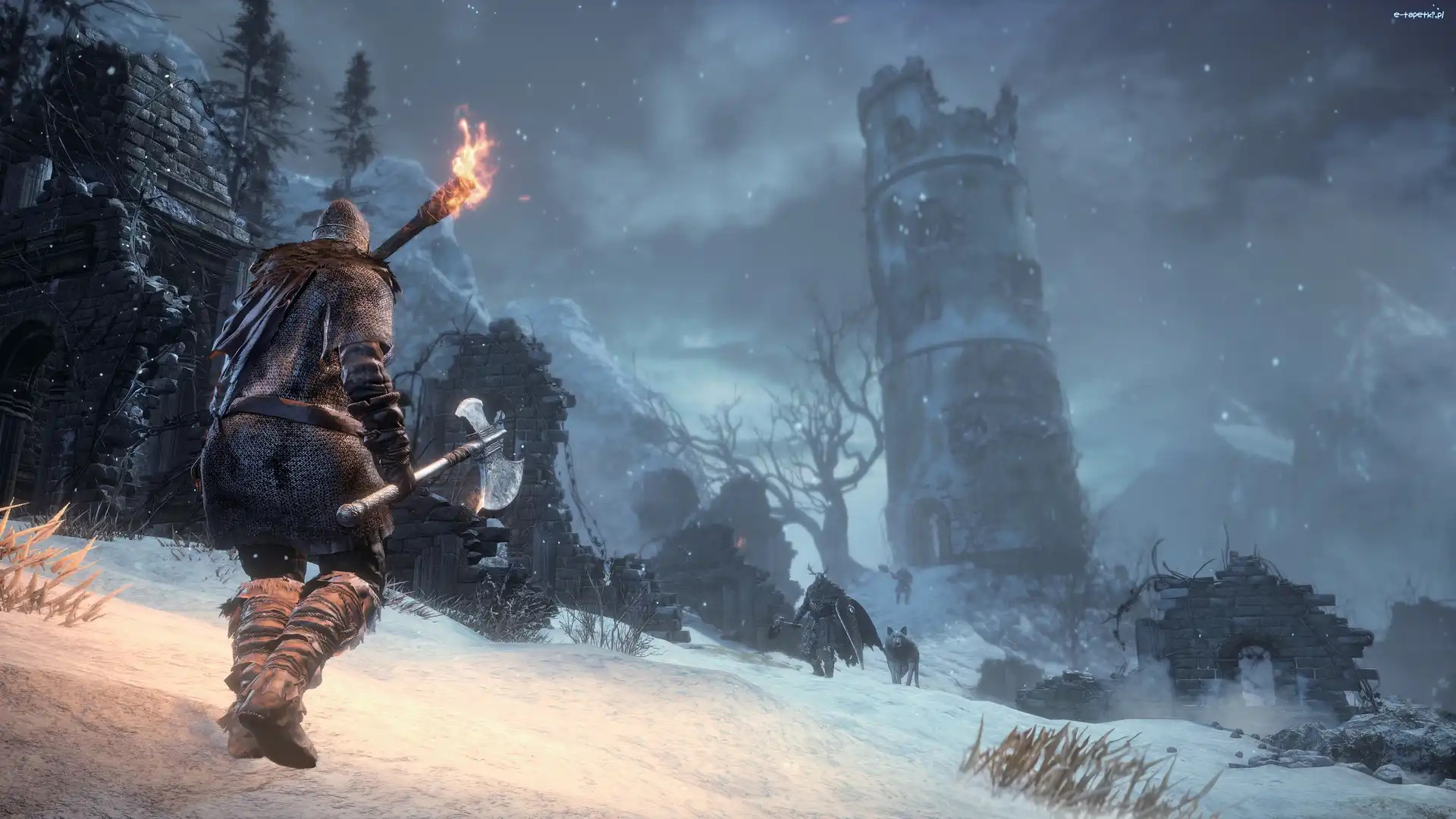 Wieża, Tasak, Dark Souls 3, Gra, Zima, Noc, Mgła, Postać