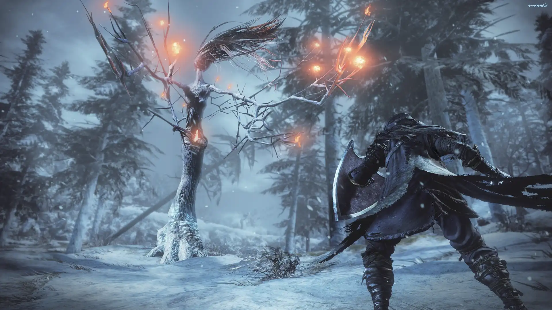 Dark Souls 3, Noc, Zima, Las, Drzewa, Gra, Postać