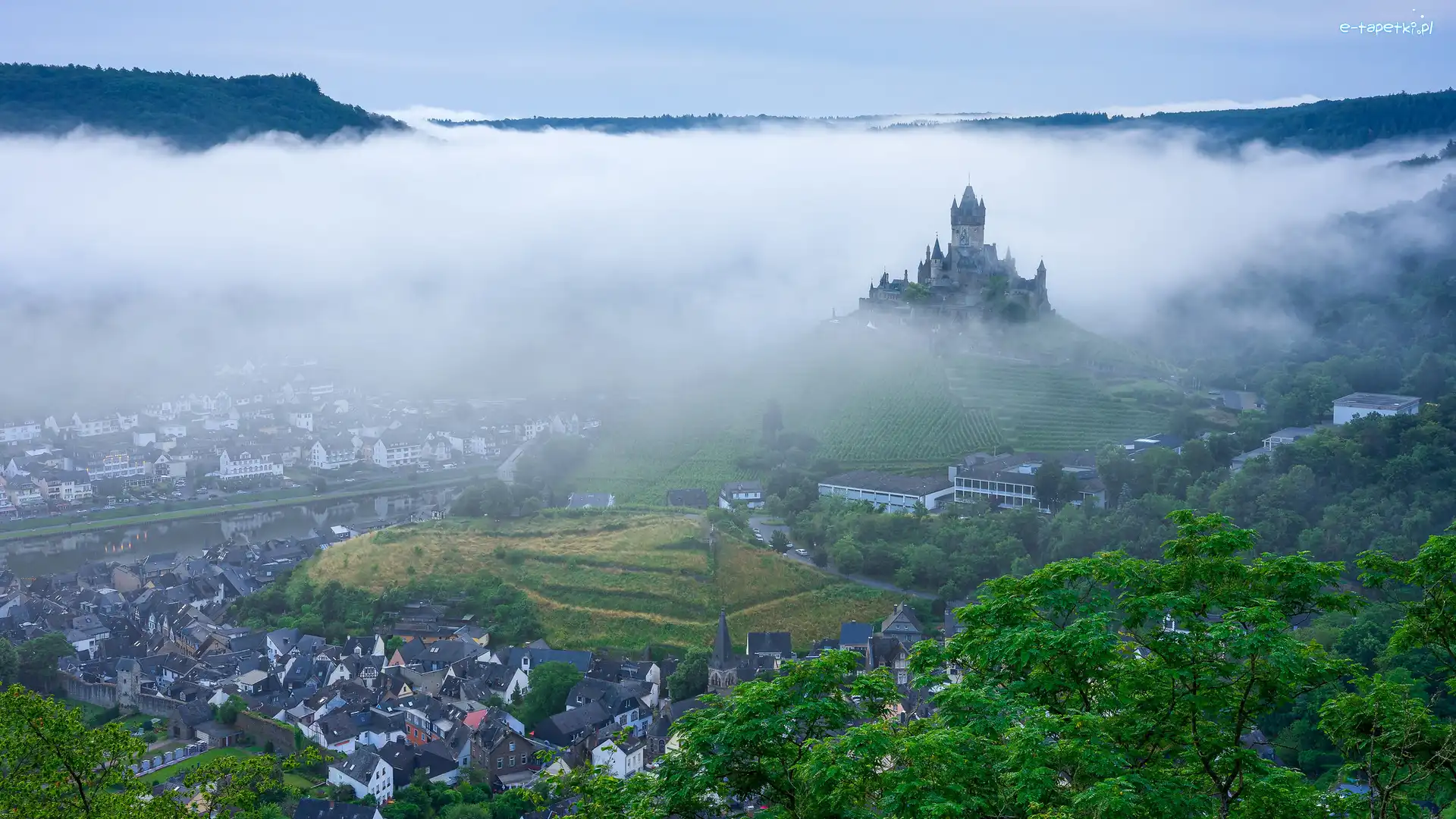 Zamek Reichsburg, Mgła, Domy, Niemcy, Miasto Cochem