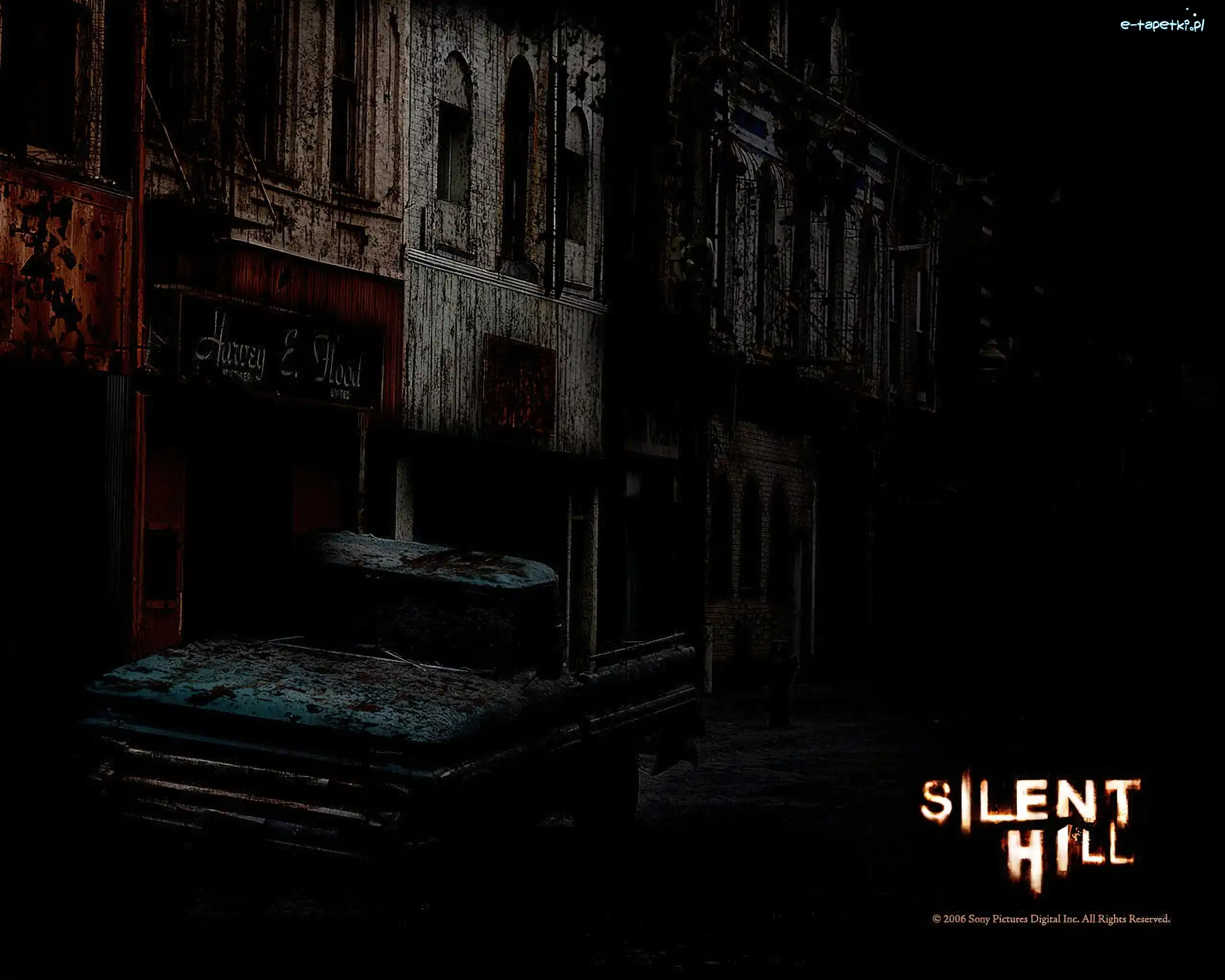 Silent Hill, ciemno, budynki, krew, pickup