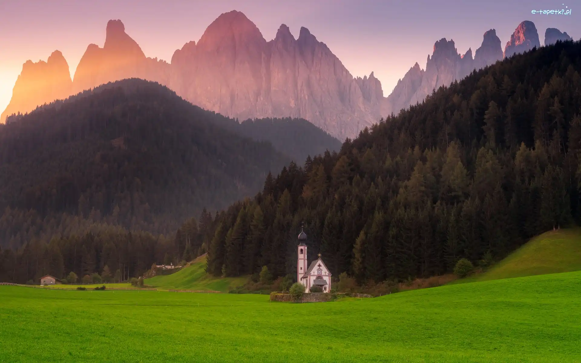 Dolina, Południowy Tyrol, Las, Santa Maddalena, Dolomity, Kościół św Jana, Wieś, Włochy, Góry, Val di Funes