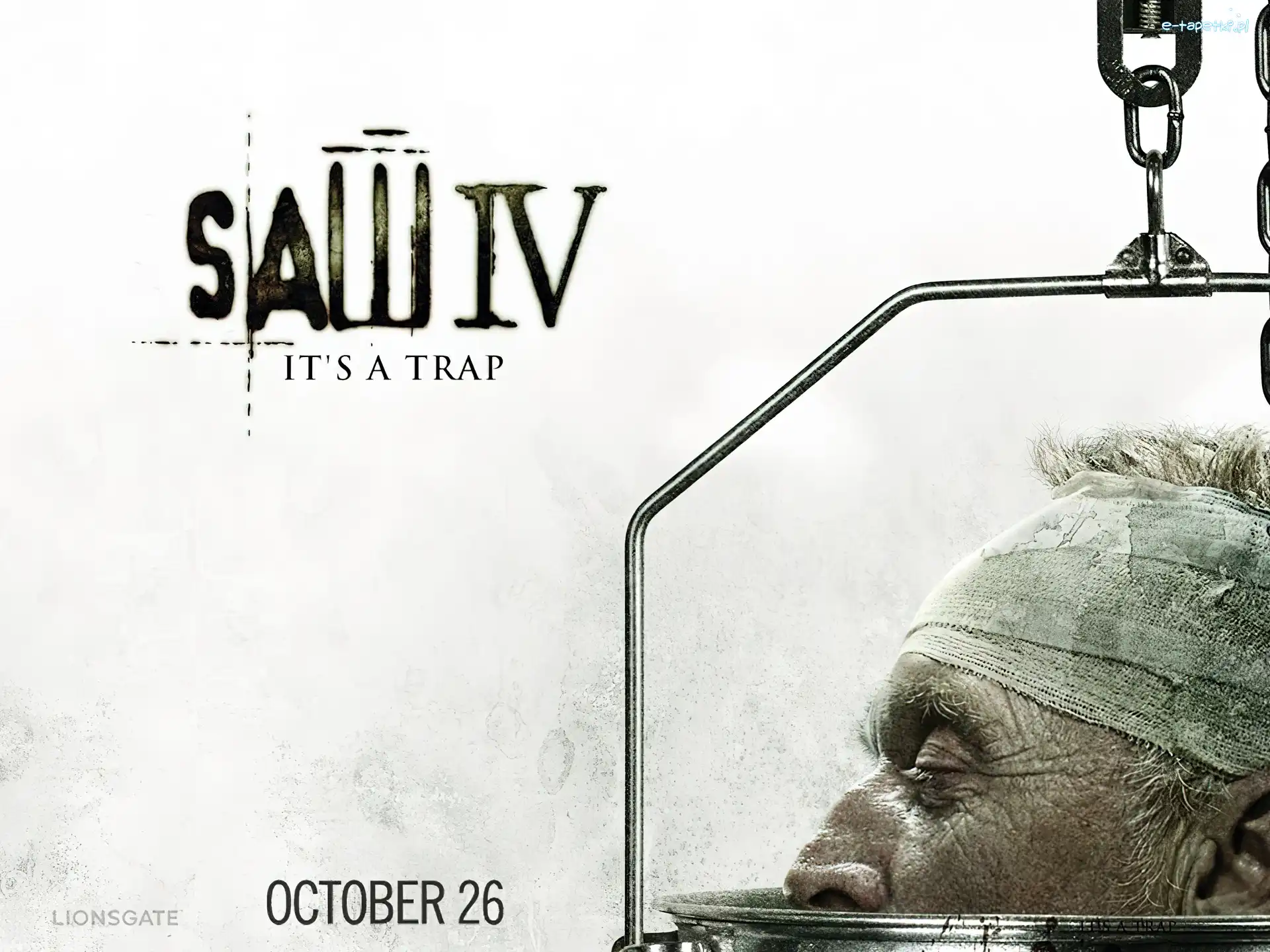 Piła 4, bandaż, głowa, Tobin Bell, napis