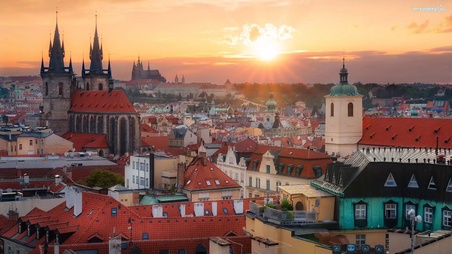 Zamek na Hradczanach, Czechy, Promienie słońca, Domy, Panorama, Katedra Świętych Wita Wacława i Wojciecha, Hradczany, Praga
