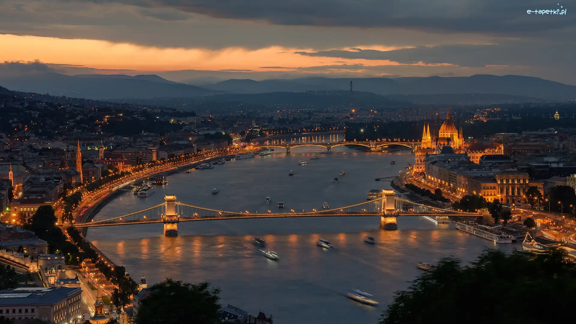 Parlament, Rzeka Dunaj, Most Łańcuchowy, Noc, Budapeszt, Węgry