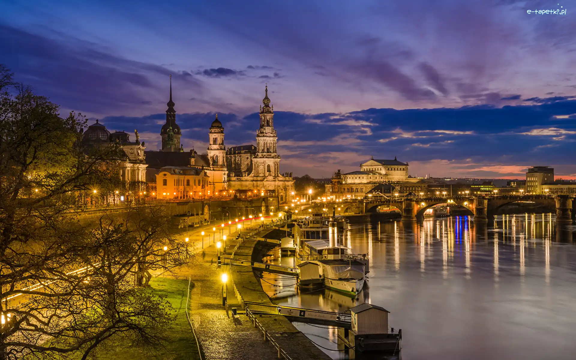 Mosty, Drezno, Tarasy Bruhla, Promenada, Rzeka Łaba, Oświetlone, Domy, Niemcy