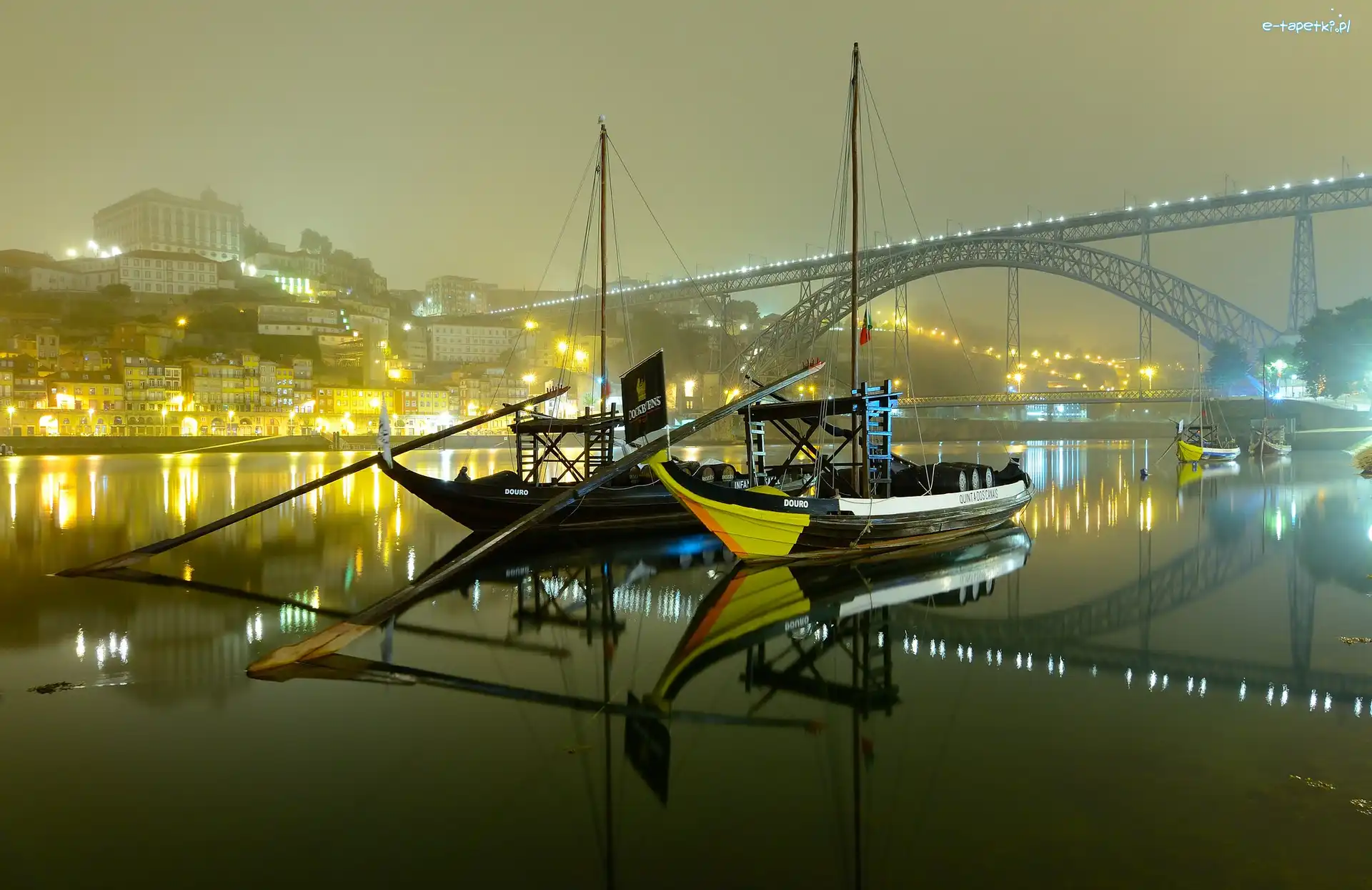 Wieczór, Domy, Rzeka Duero, Ponte Dom Luis I, Most, Portugalia, Porto, Łodzie, Światła