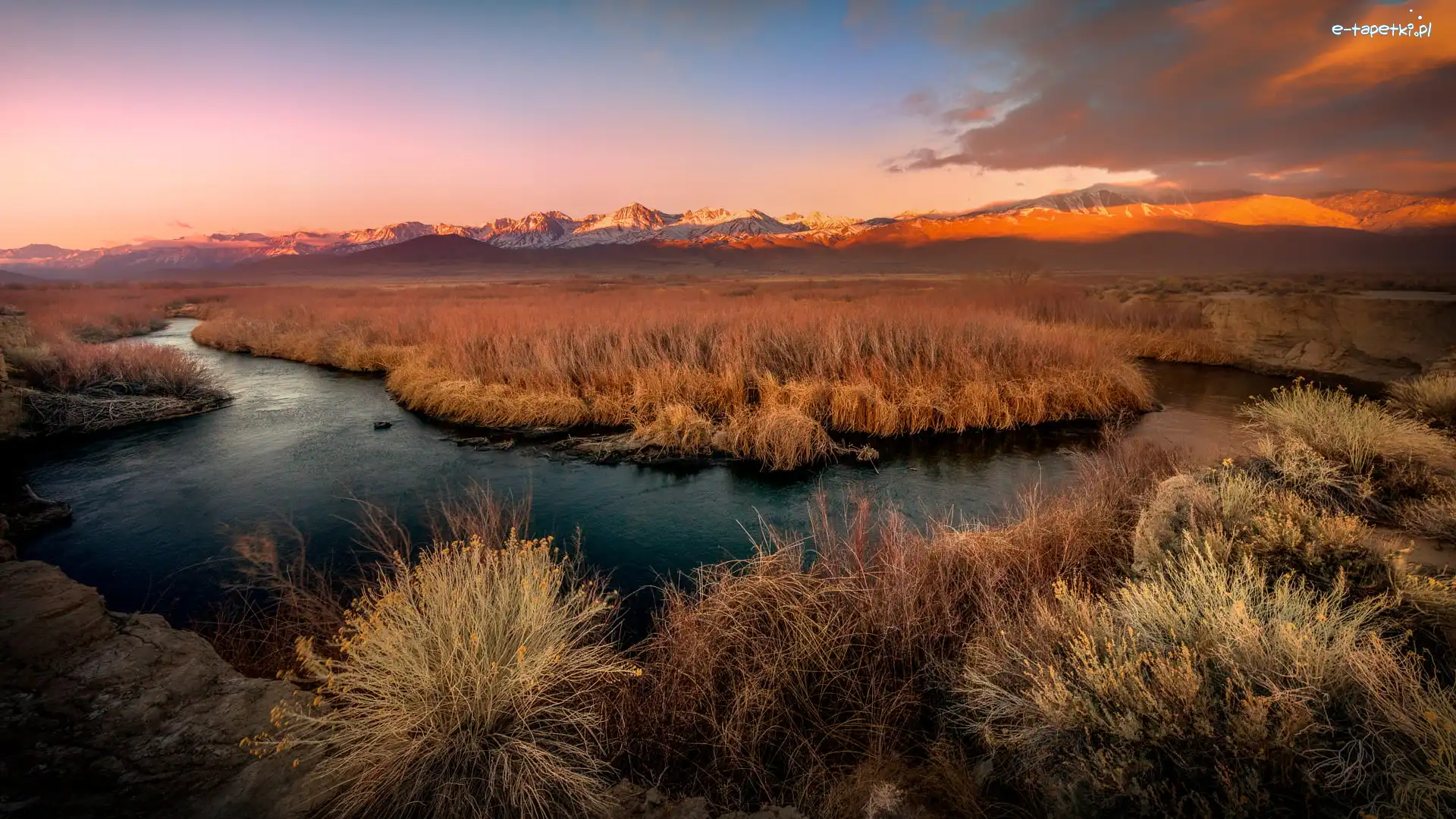 Góry, Trawy, Rzeka, Dolina Owens, Wschód słońca, Stany Zjednoczone, Kalifornia, Owens River, Region Eastern Sierra