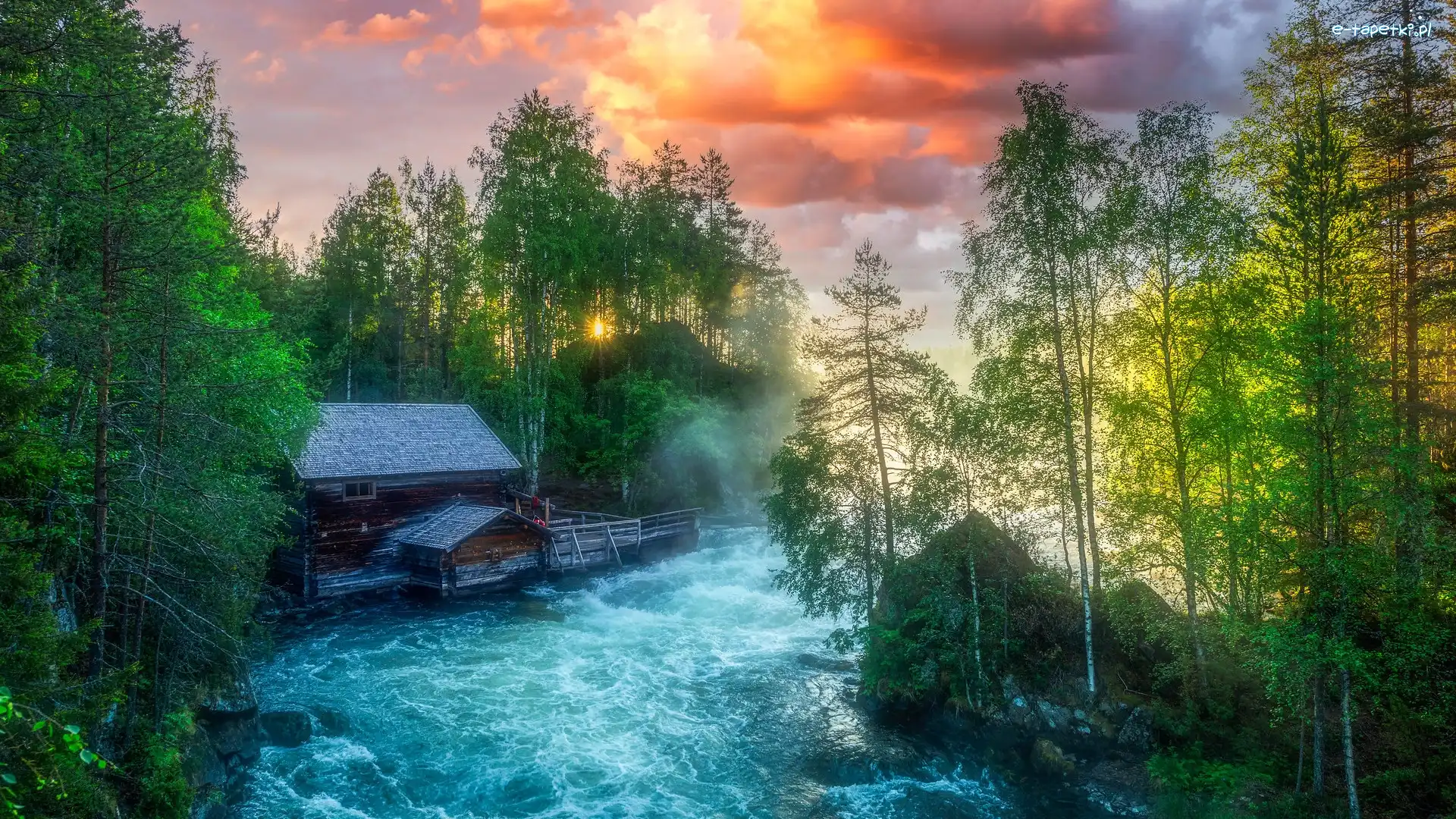 Park Narodowy Oulanka, Młyn Myllykoski, Drzewa, Zielone, Las, Finlandia, Laponia, Rzeka, Gmina Kuusamo