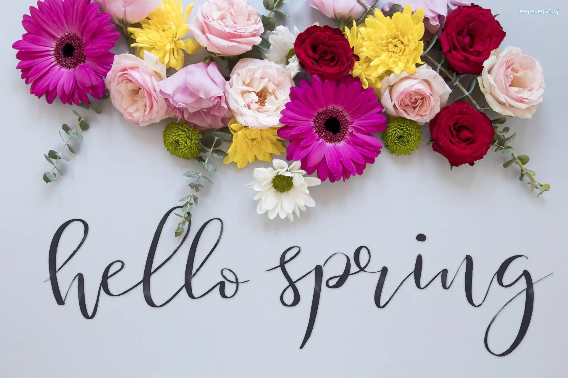 Tło, Kwiaty, Napis, Kolorowe, Wiosna, Jasne, Hello Spring